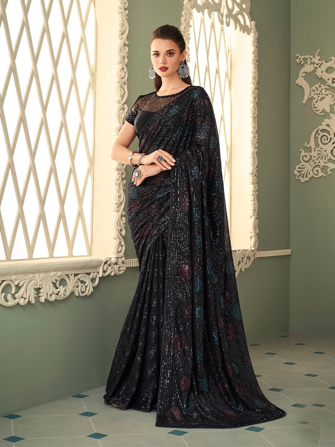 

all about you Black Embellished Sequinned Pure Georgette Saree