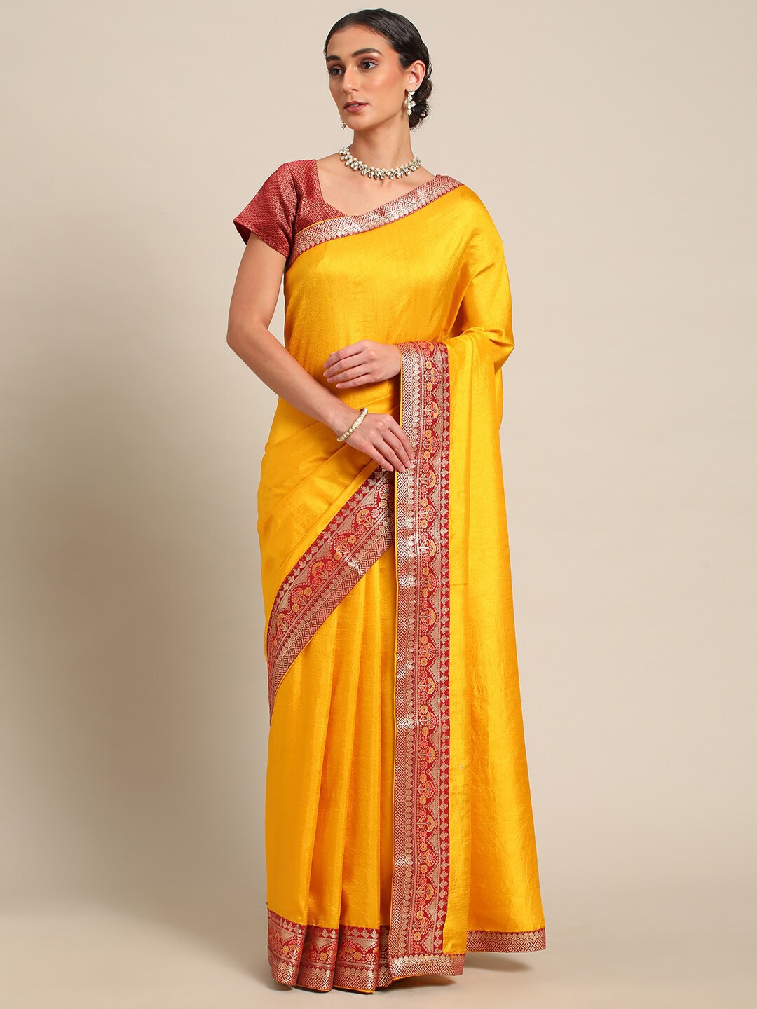 

all about you Mustard & Red Woven Design Border Zari Saree