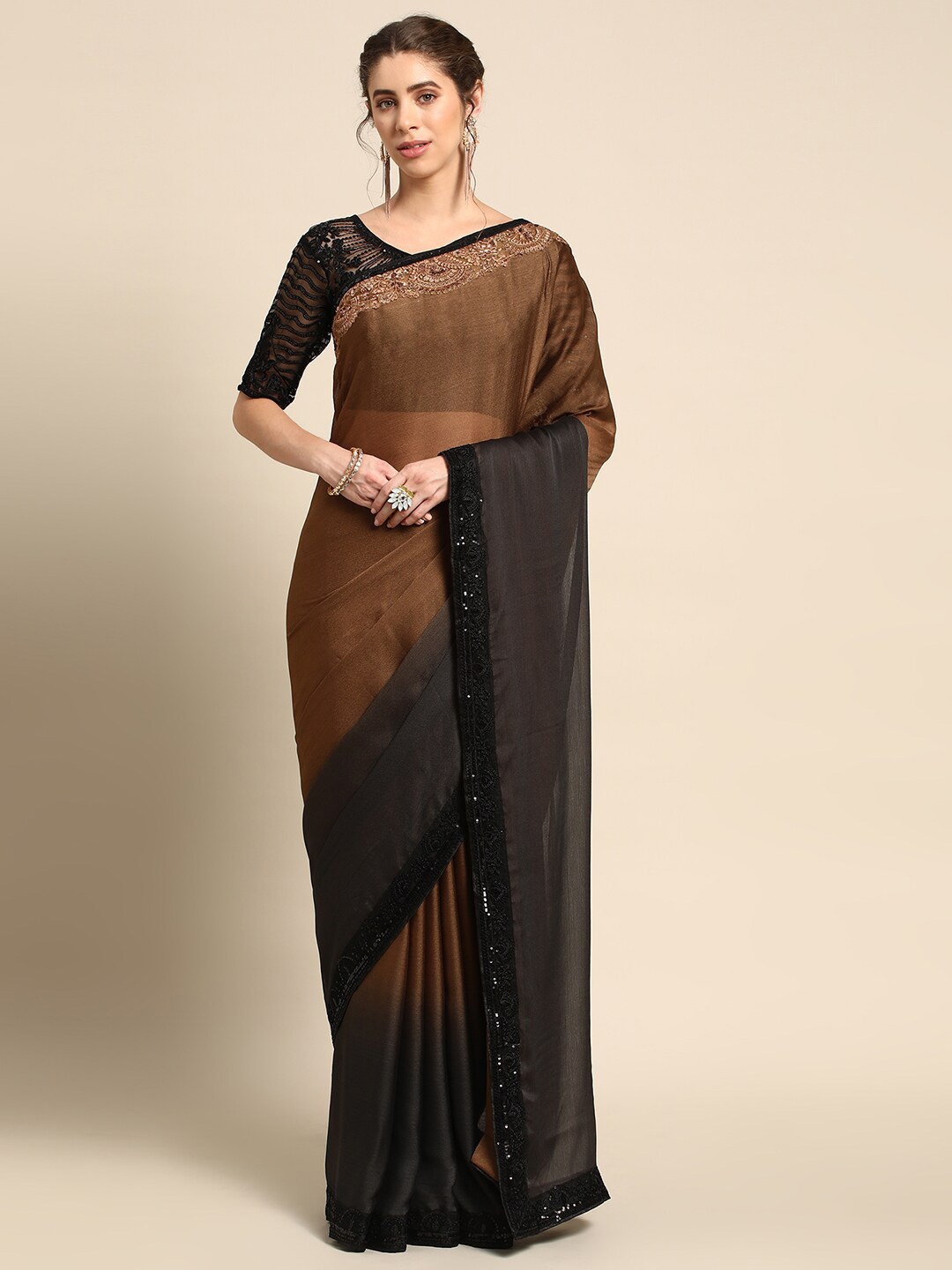 

all about you Brown & Black Ombre Sequinned Embroidered Border Saree