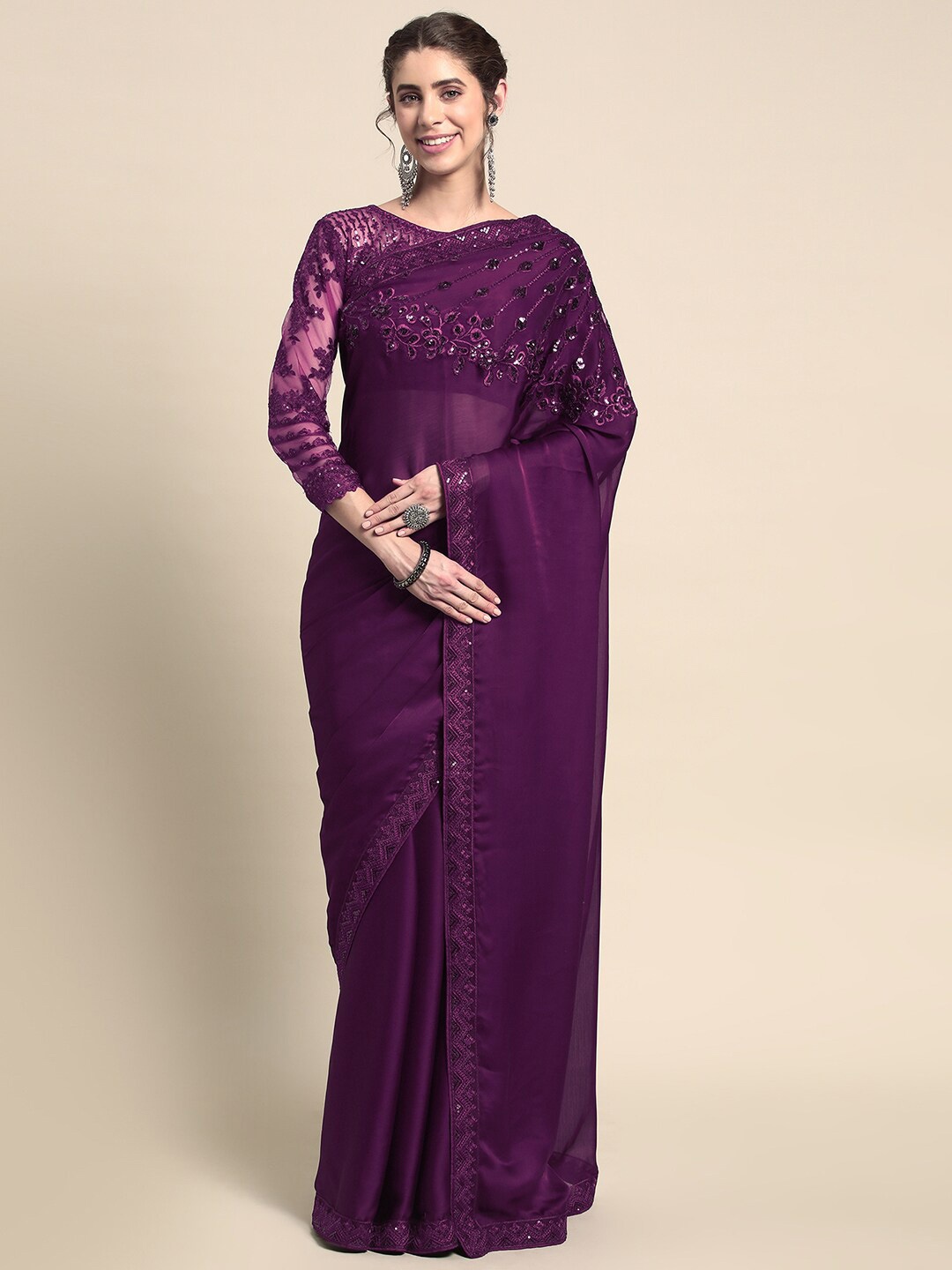 

all about you Purple Embroidered Silk Blend Saree