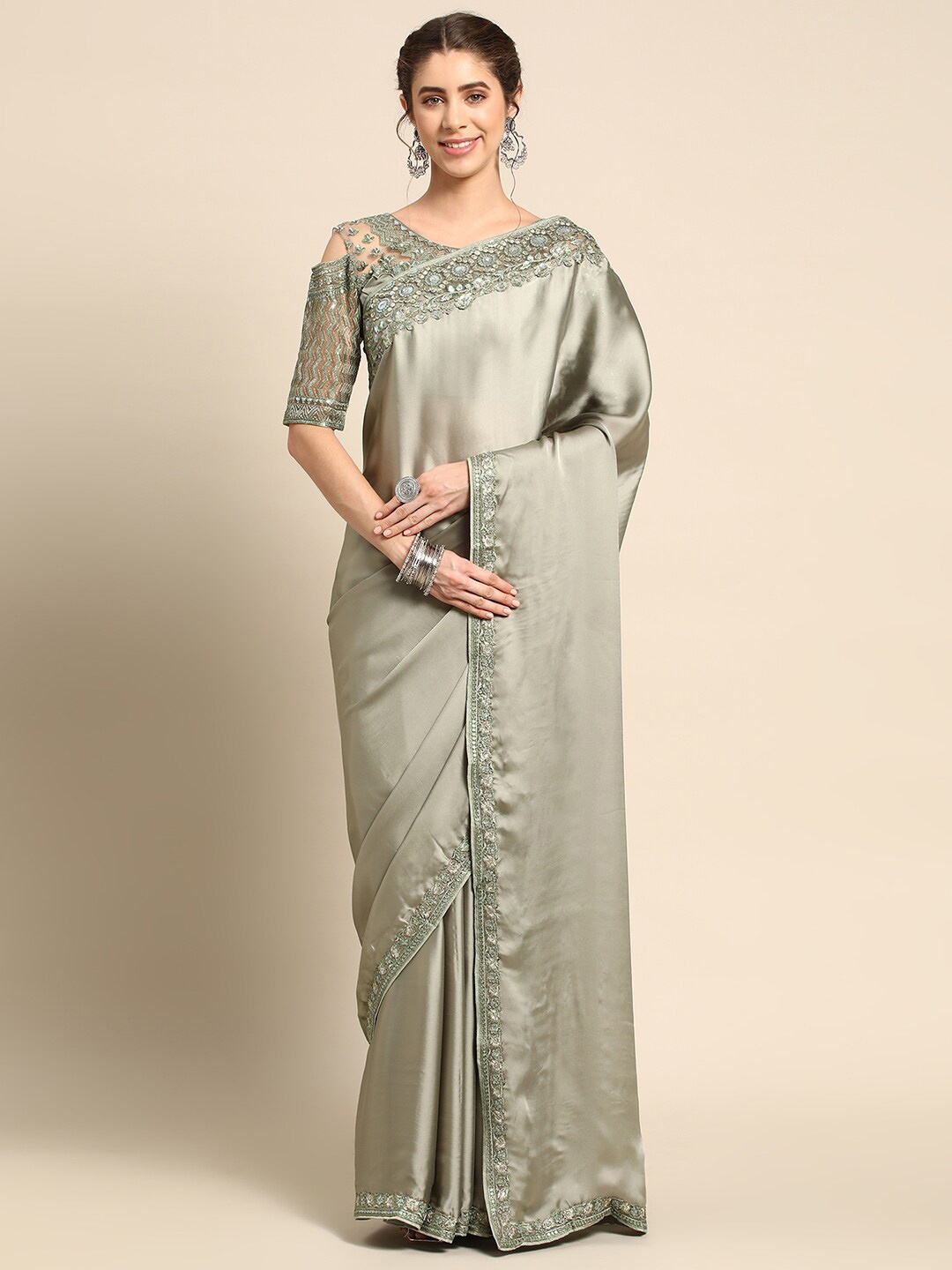 

all about you Green Embroidered Border Saree
