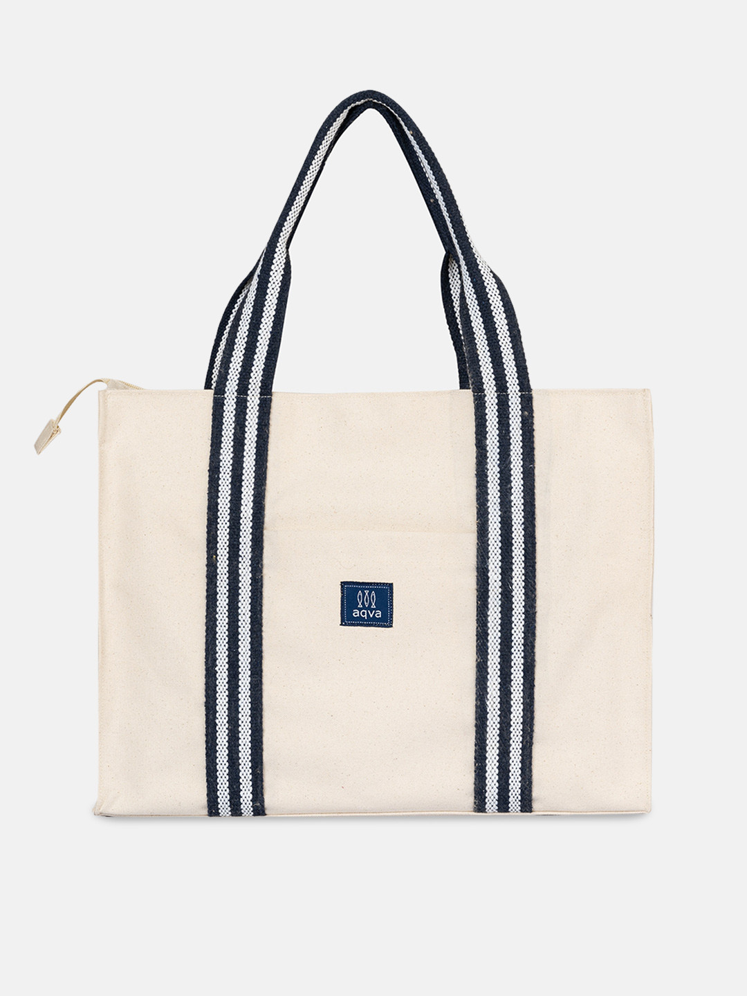 

AQVA White Striped Structured Tote Bag Pouch with Applique