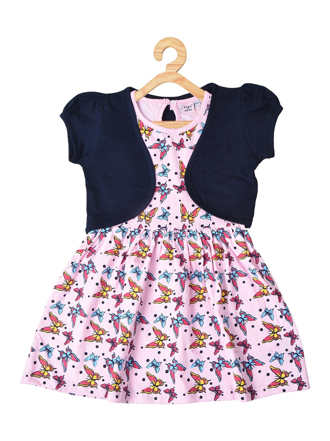 

POMY & JINNY Girls Conversational Printed Puff Sleeve Pure Cotton Fit & Flare Dress, Navy blue