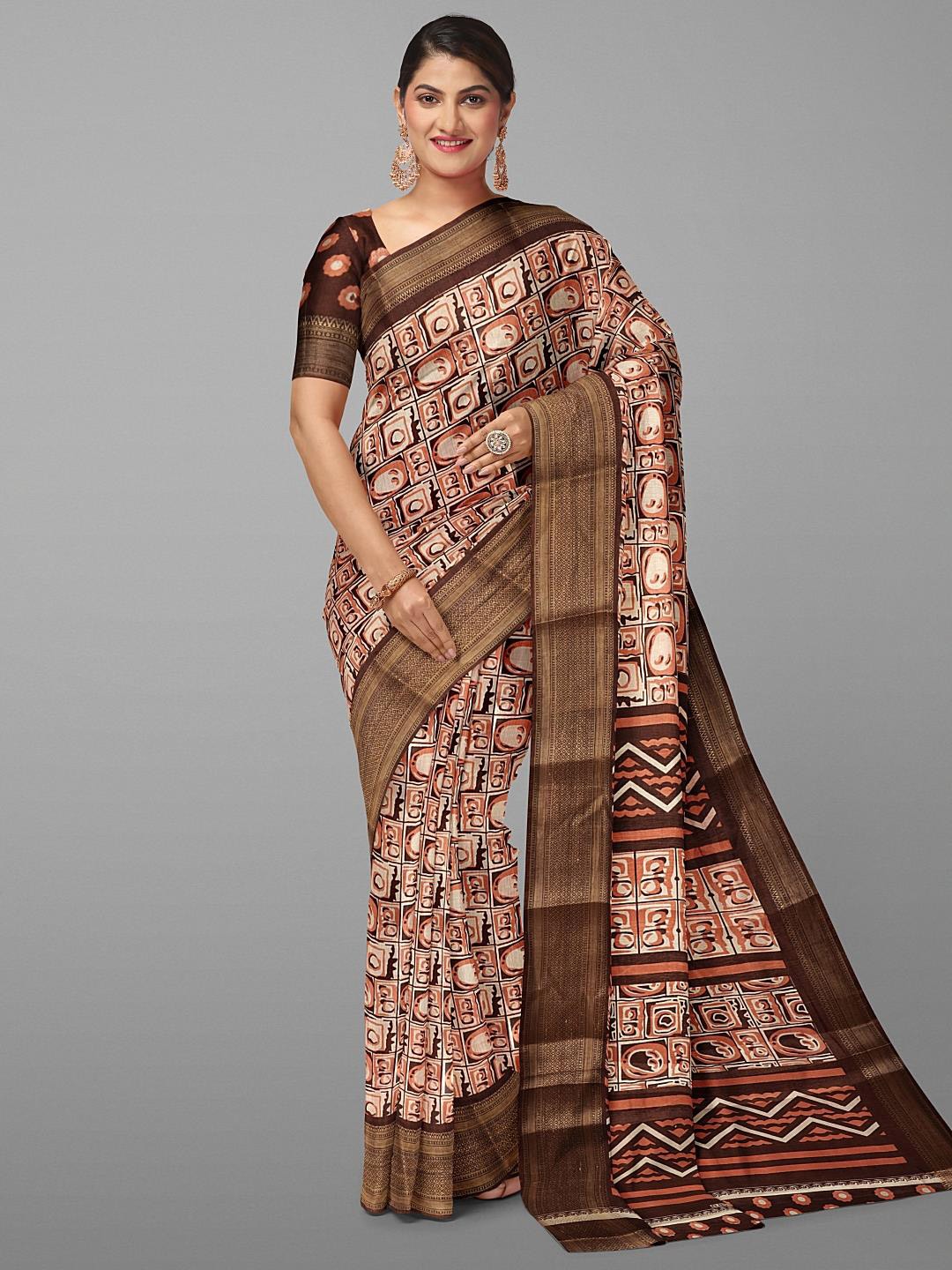 

Kalamandir Geometric Printed Zari Silk Blend Saree, Brown