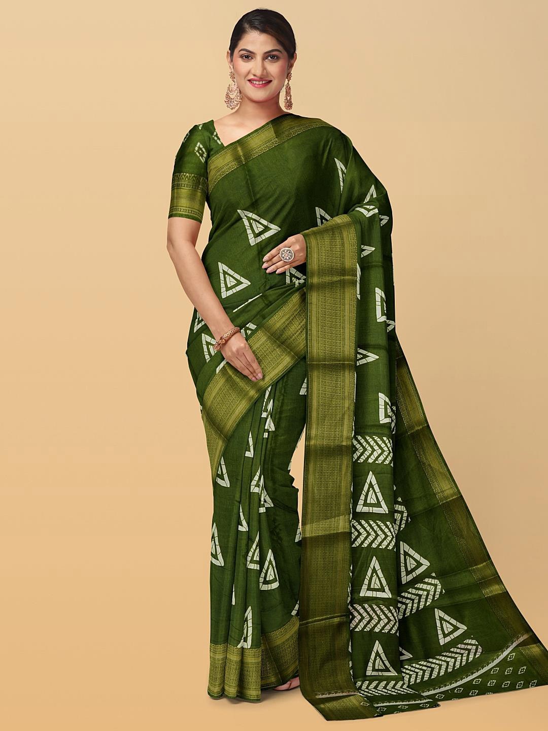 

Kalamandir Batik Zari Silk Blend Saree, Green