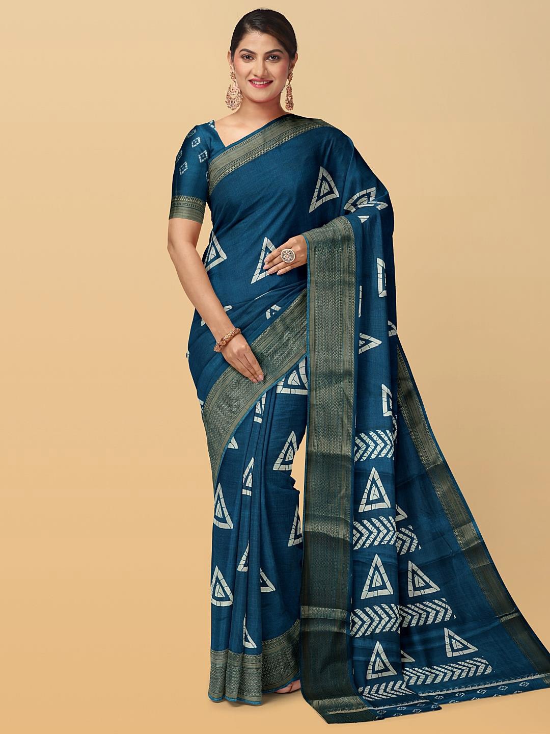 

Kalamandir Geometric Printed Zari Silk Blend Saree, Blue