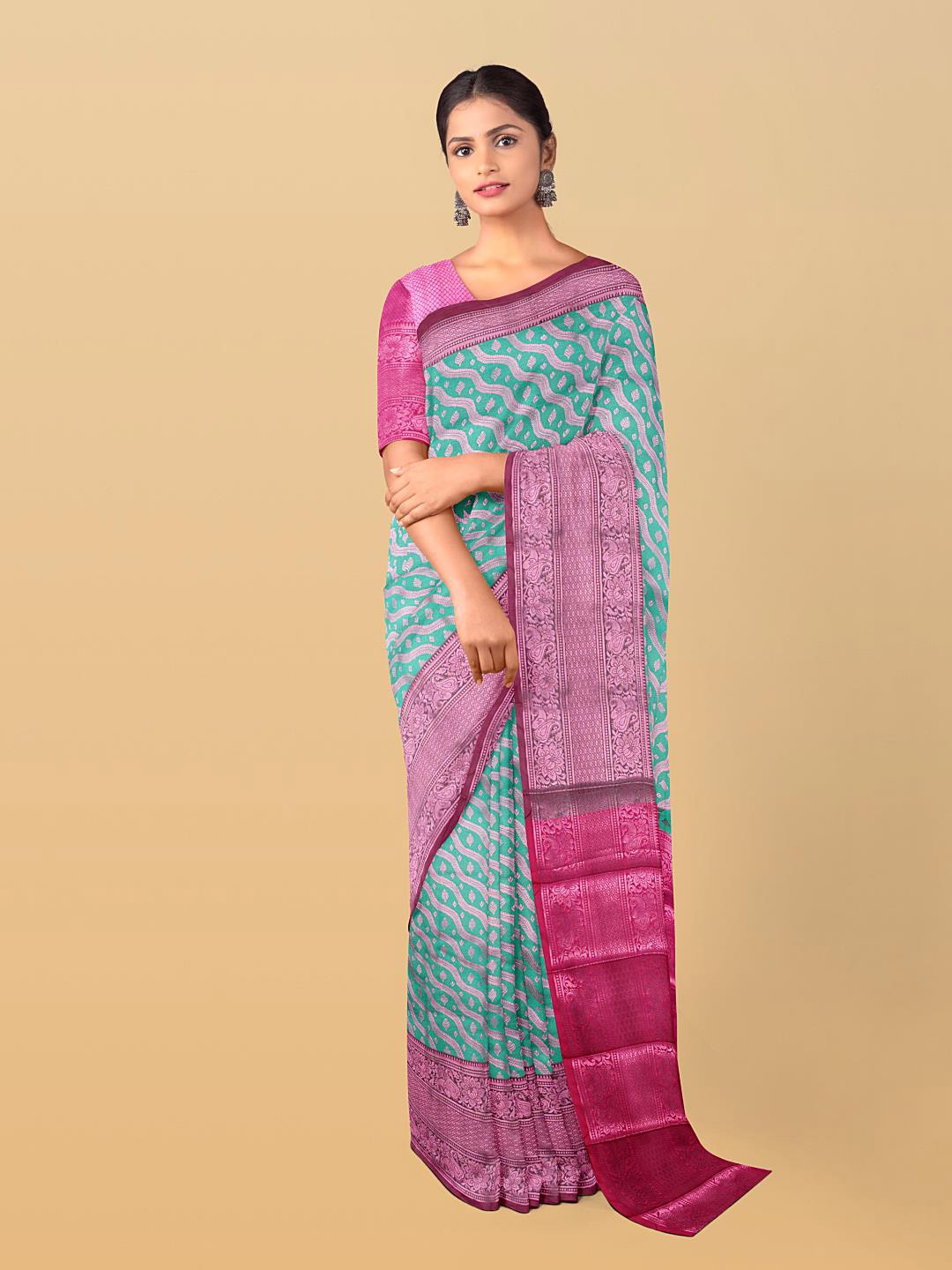

Kalamandir Teal & Magenta Woven Design Zari Silk Blend Saree, Green