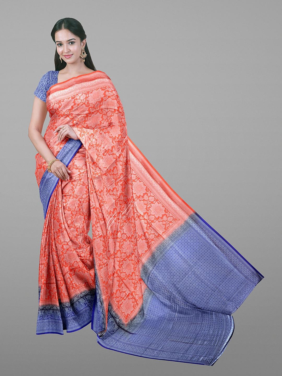 

Kalamandir Orange & Blue Floral Zari Silk Blend Saree
