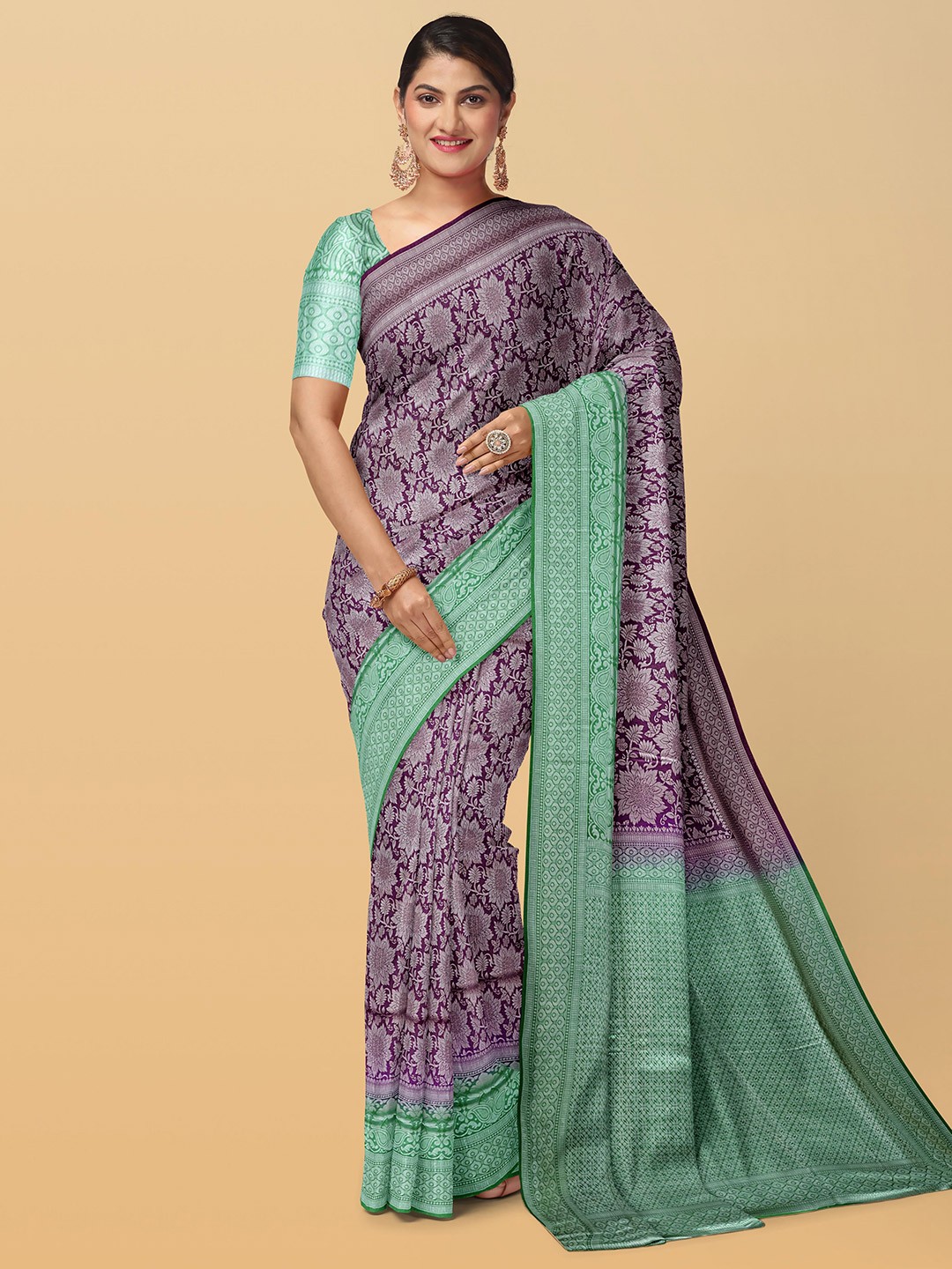 

Kalamandir Floral Woven Design Silk Blend Saree, Purple
