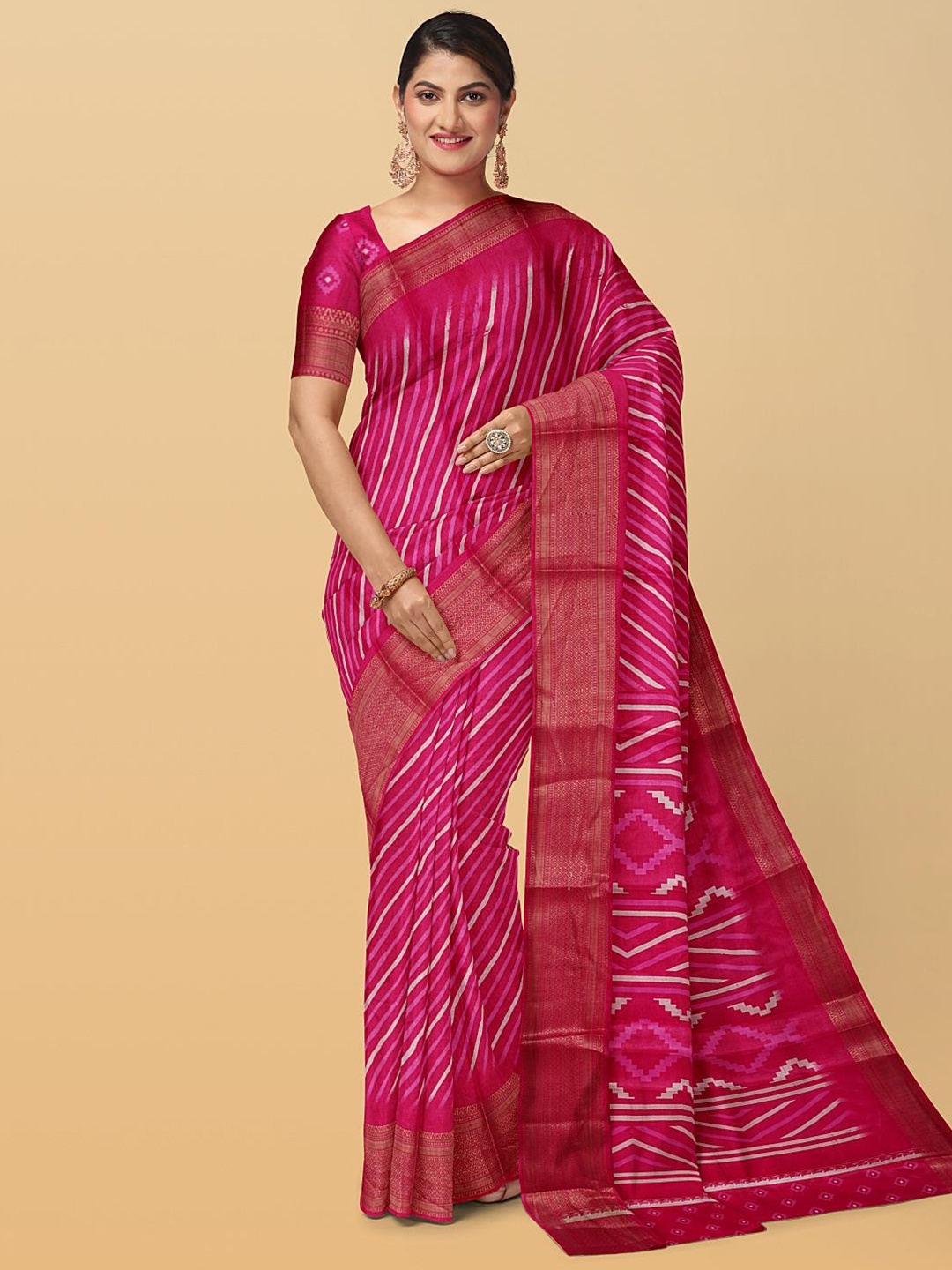 

Kalamandir Leheriya Printed Zari Silk Blend Saree, Pink