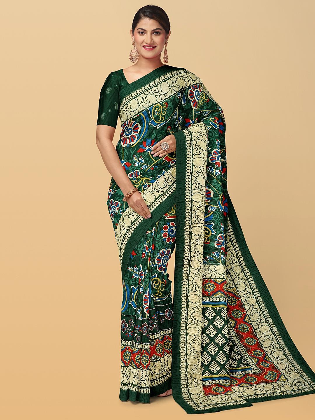 

Kalamandir Floral Printed Silk Blend Saree, Green