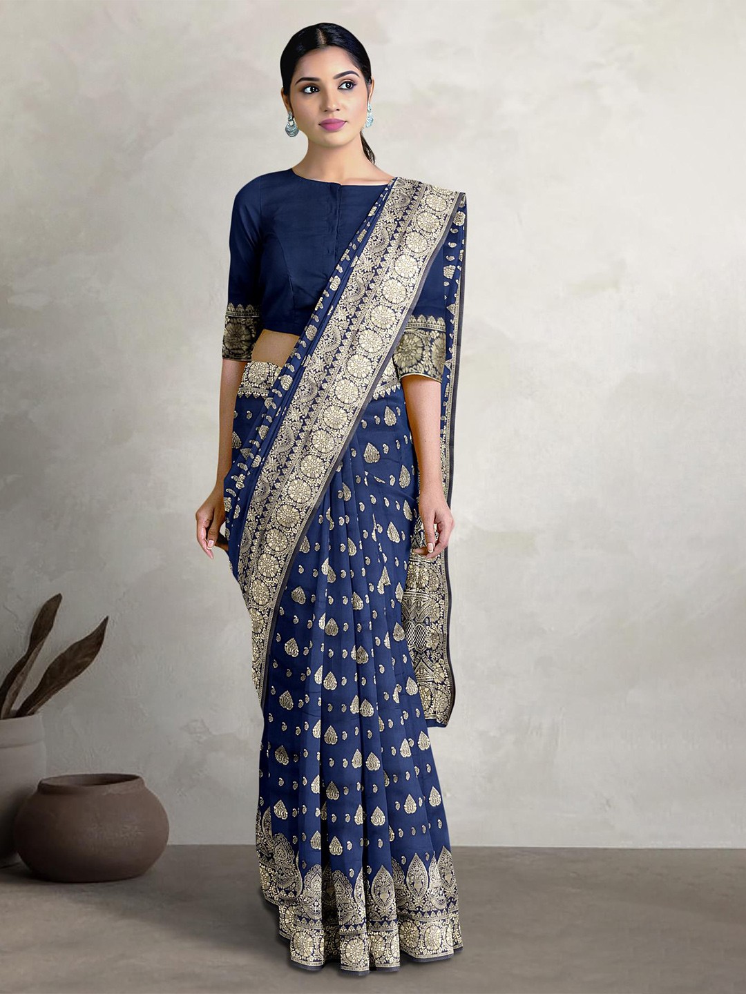 

Kalamandir Woven Design Zari Silk Blend Saree, Navy blue