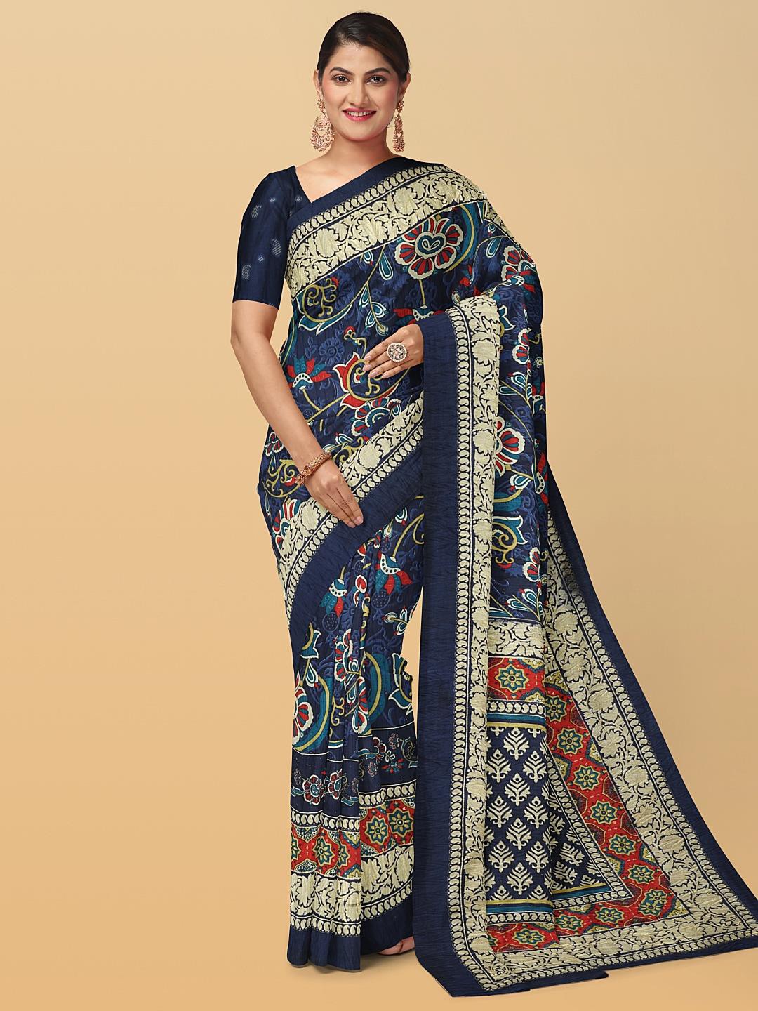 

Kalamandir Floral Printed Saree, Navy blue