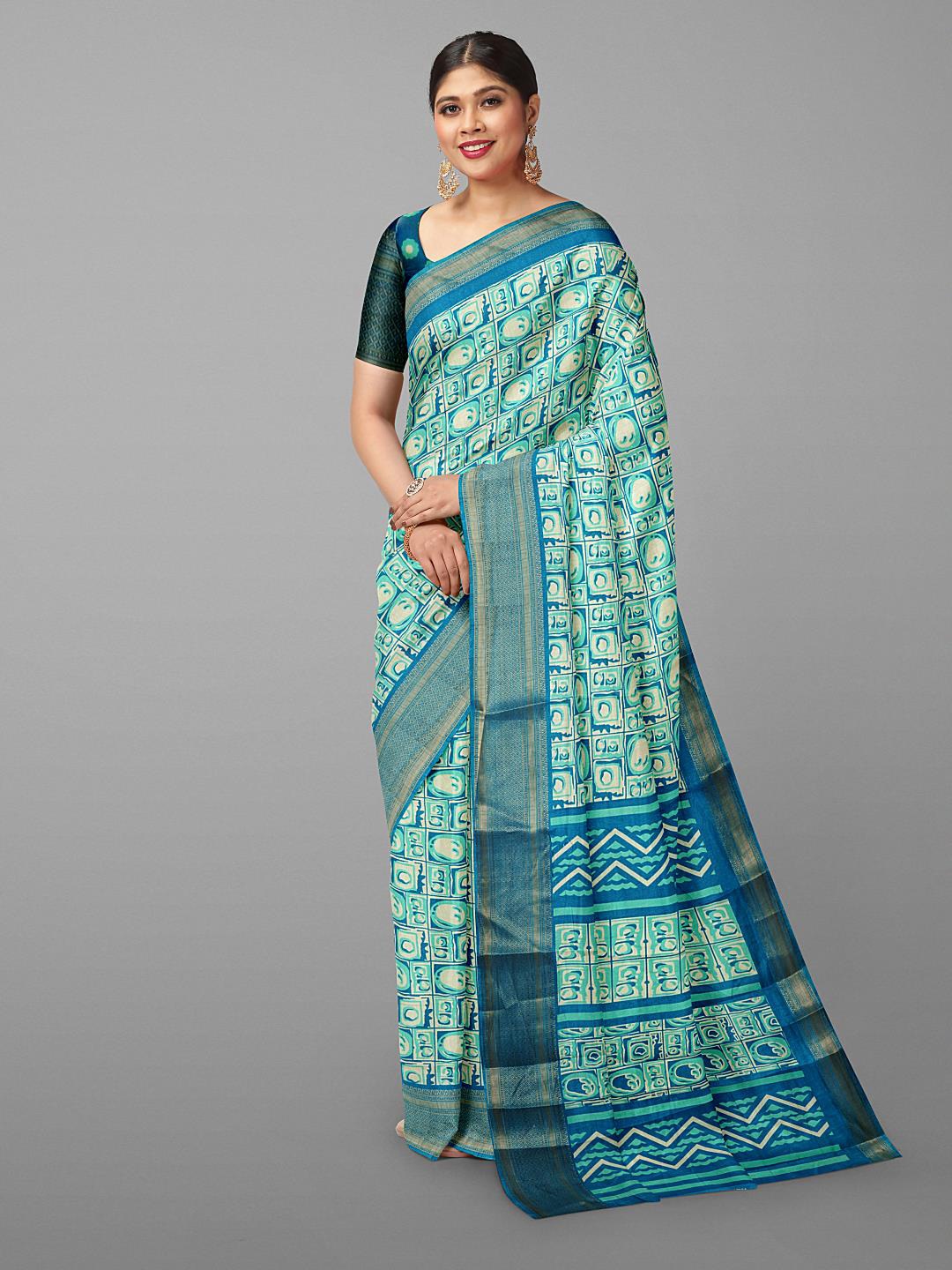 

Kalamandir Blue & Gold-Toned Geometric Printed Zari Silk Blend Saree