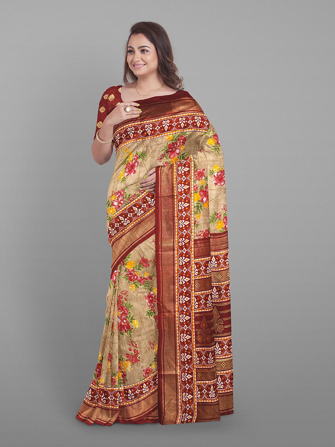 

Kalamandir Floral Printed Zari Silk Blend Saree, Beige