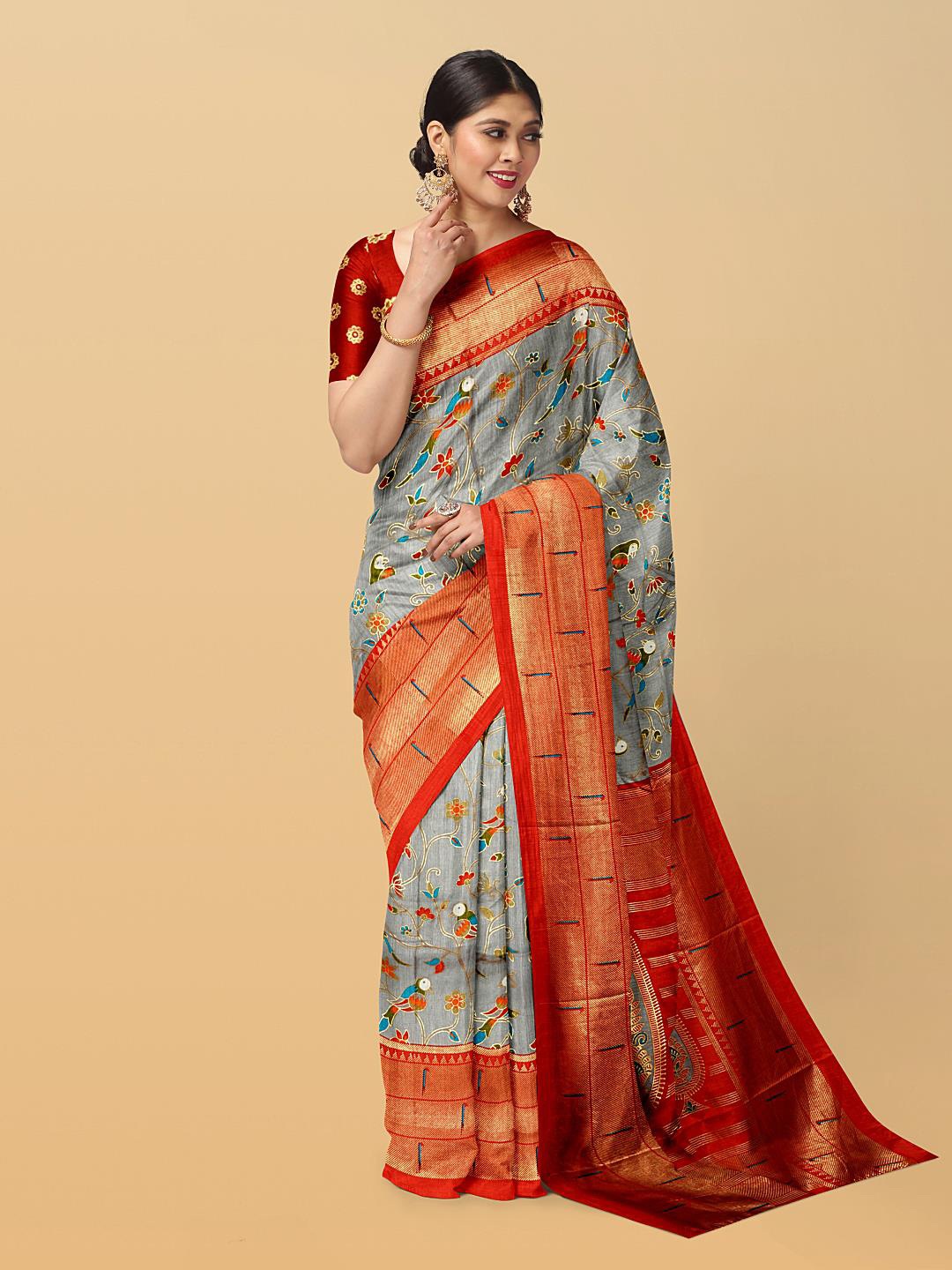 

Kalamandir Floral Printed Zari Saree, Grey
