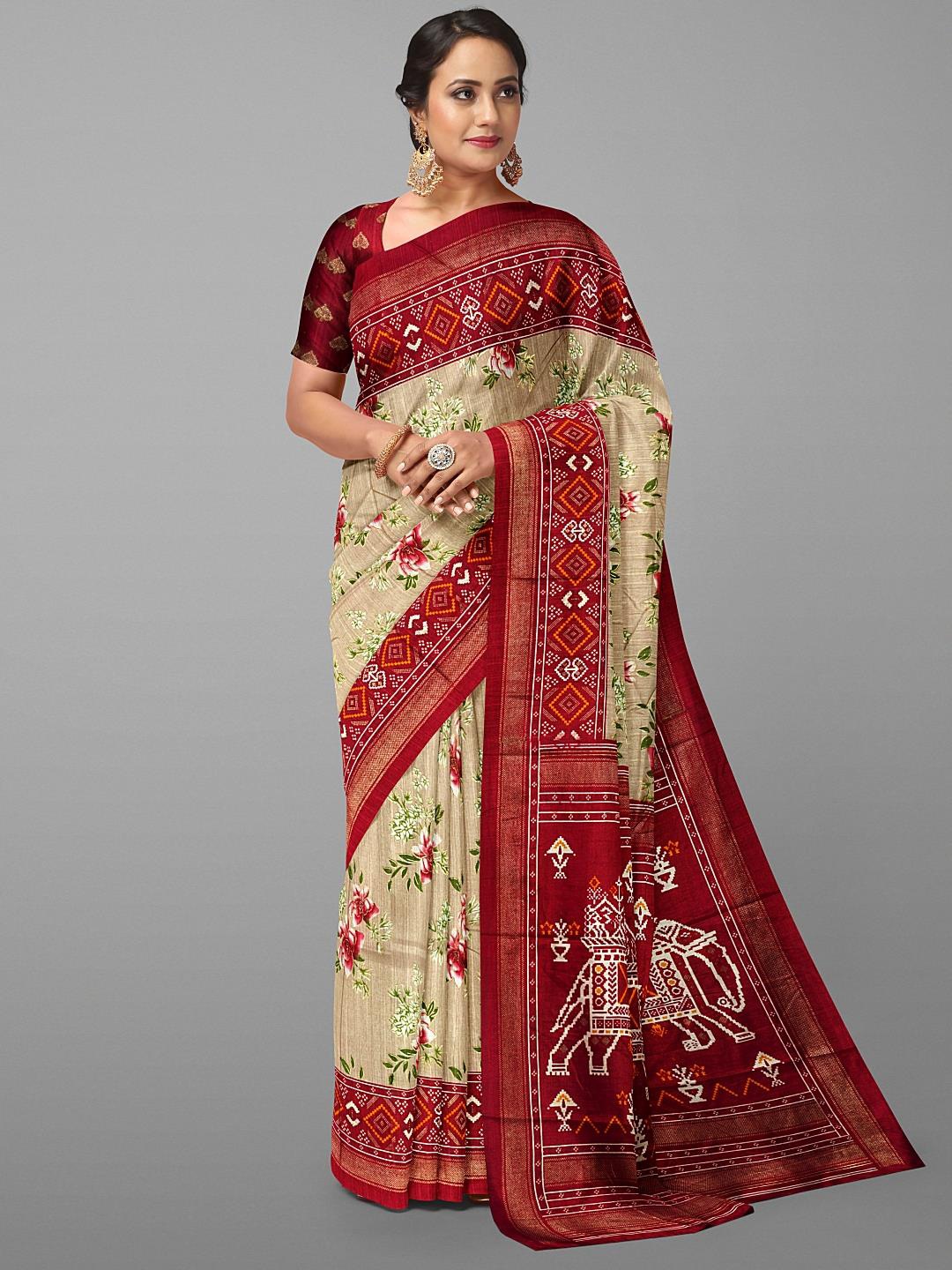 

Kalamandir Floral Printed Zari Silk Blend Saree, Beige