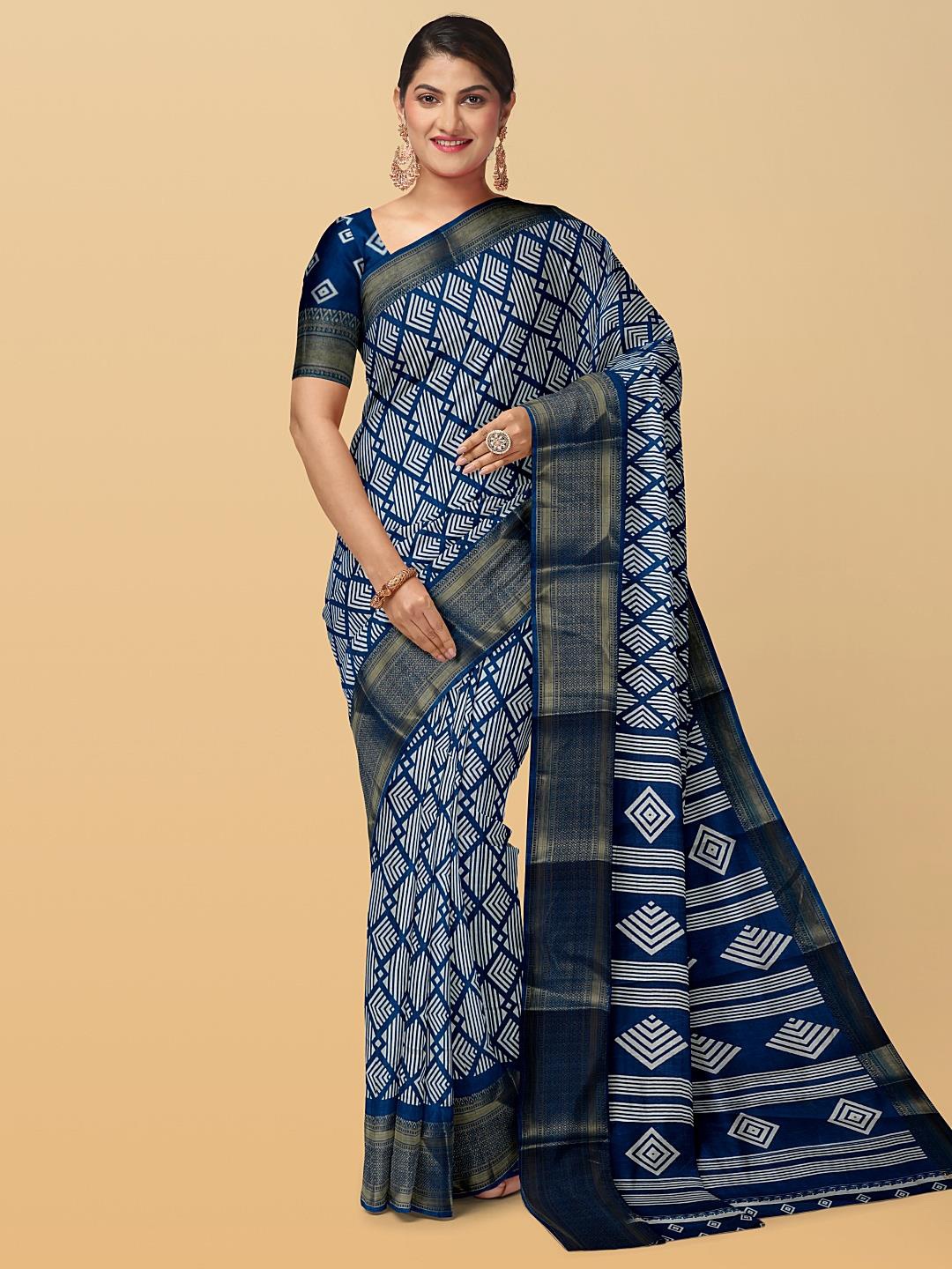 

Kalamandir Geometric Printed Zari Silk Blend Saree, Blue