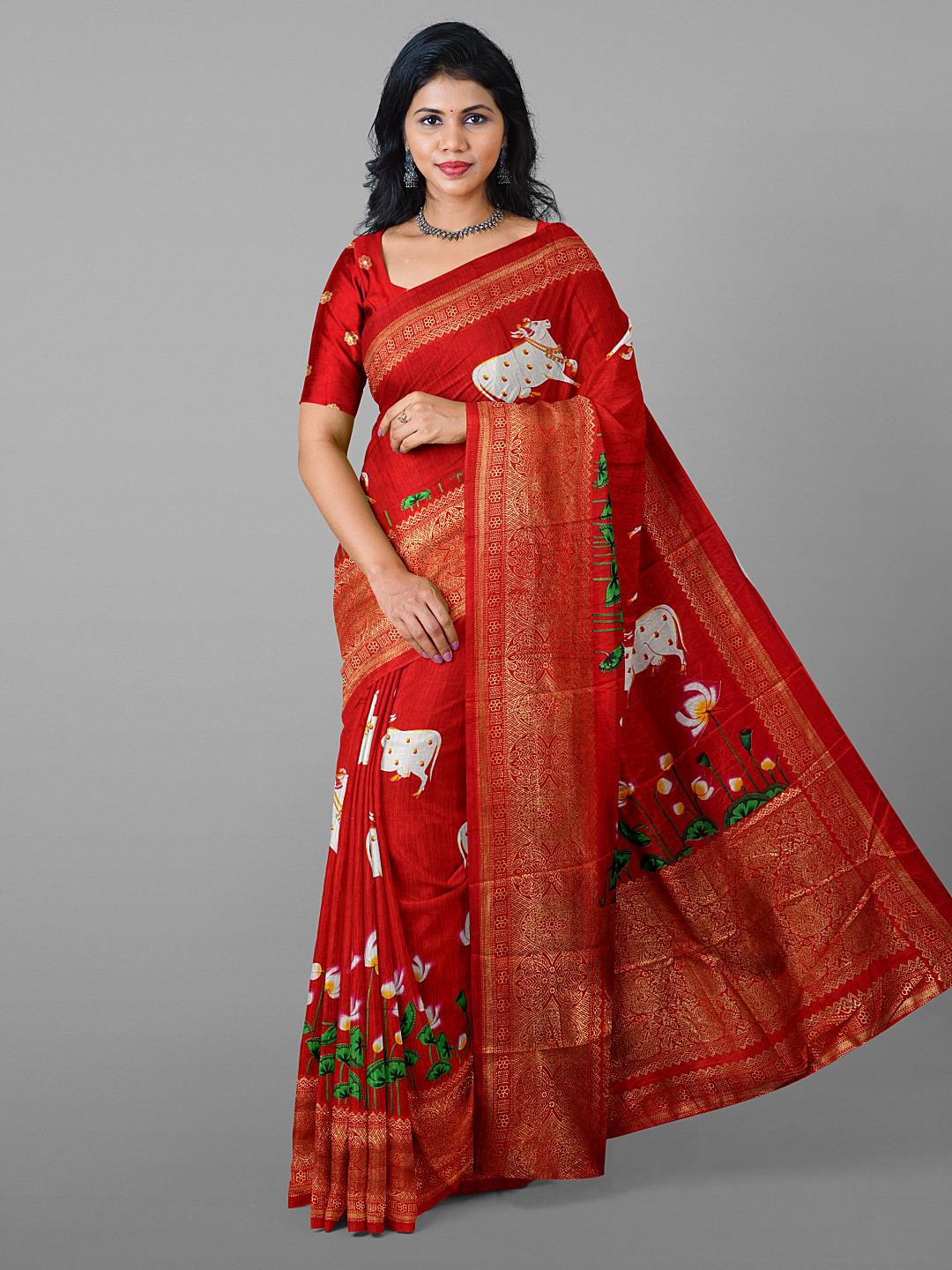 

Kalamandir Ethnic Motifs Printed Zari Silk Blend Saree, Red