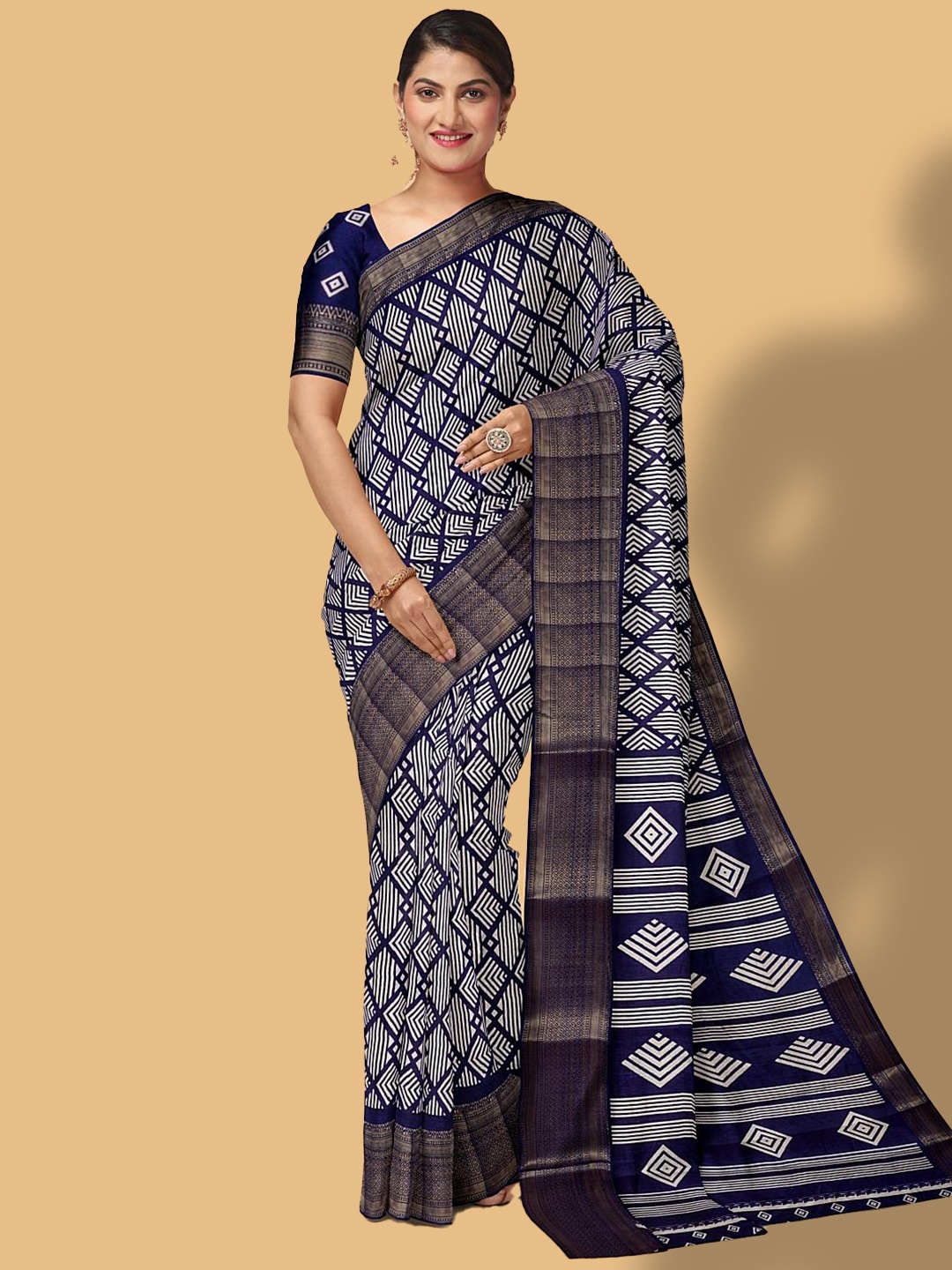 

Kalamandir Geometric Printed Zari Silk Blend Saree, Navy blue