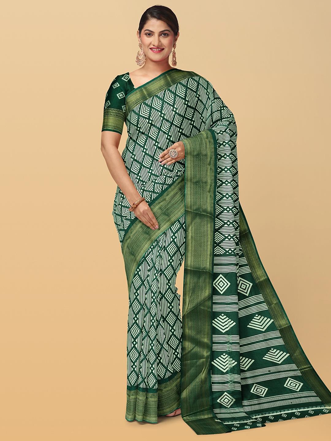 

Kalamandir Geometric Printed Zari Silk Blend Saree, Green
