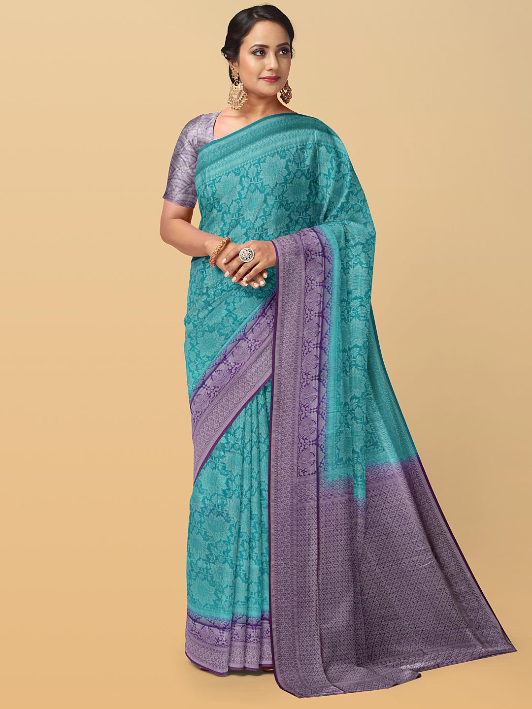 

Kalamandir Floral Woven Design Silk Blend Saree, Teal