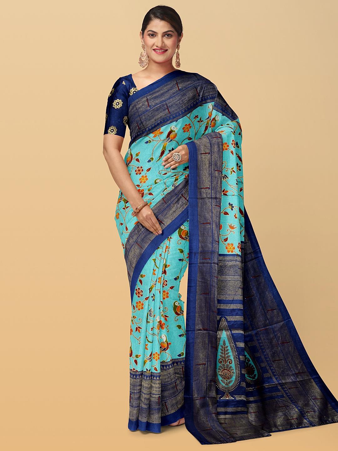 

Kalamandir Blue & Gold-Toned Floral Zari Silk Blend Saree