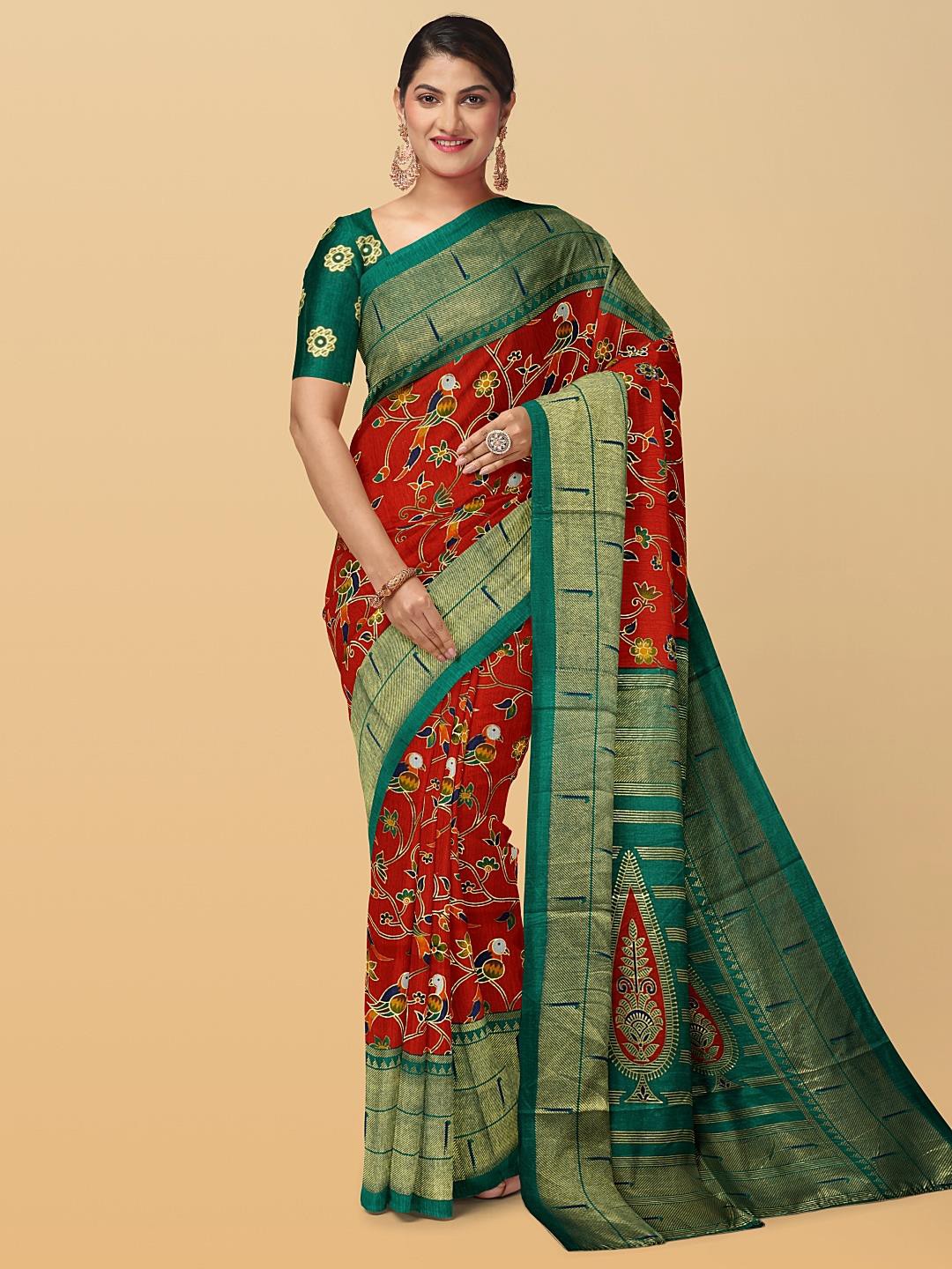 

Kalamandir Red & Green Ethnic Motifs Zari Silk Blend Saree