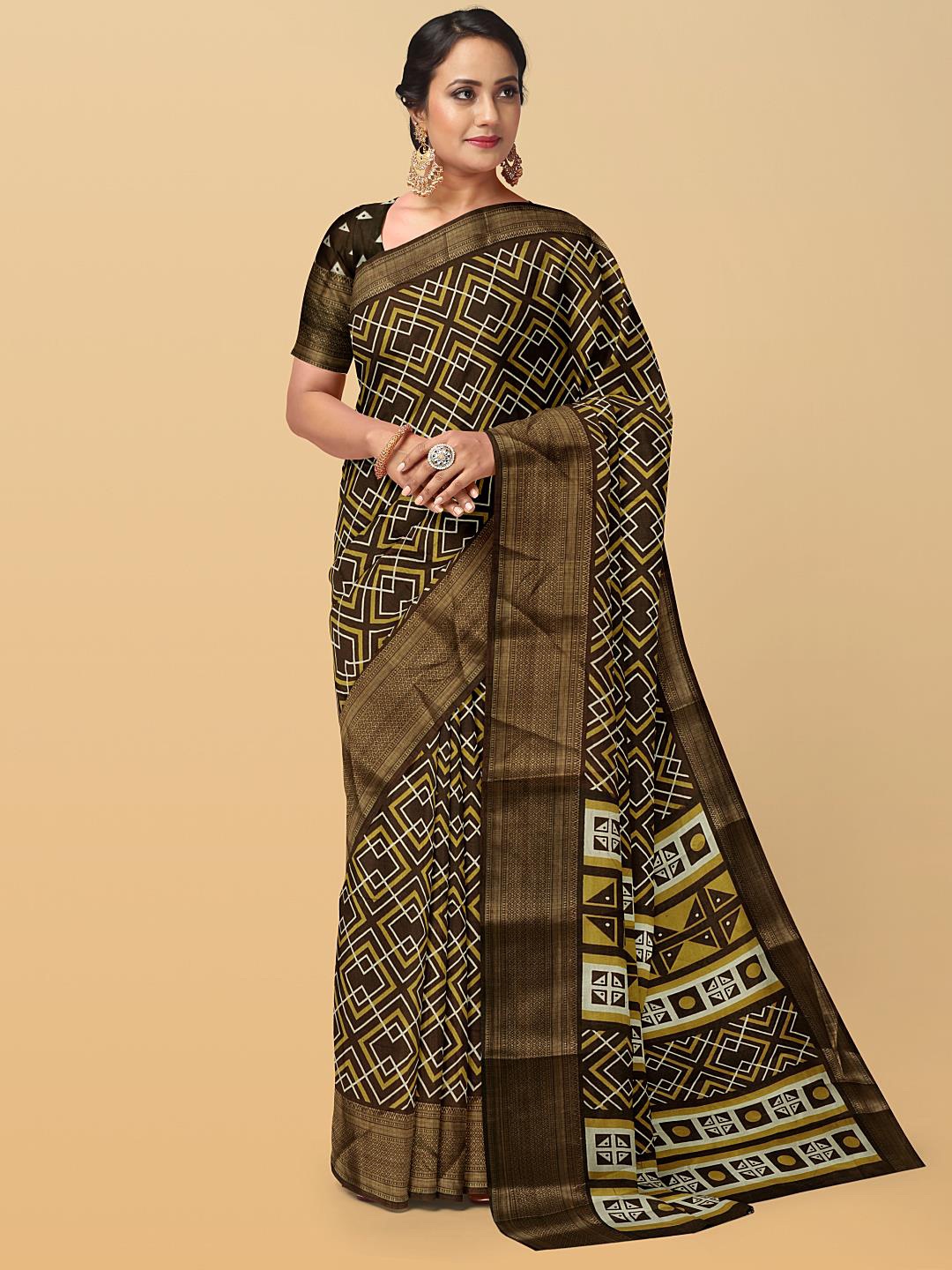 

Kalamandir Geometric Printed Zari Saree, Brown