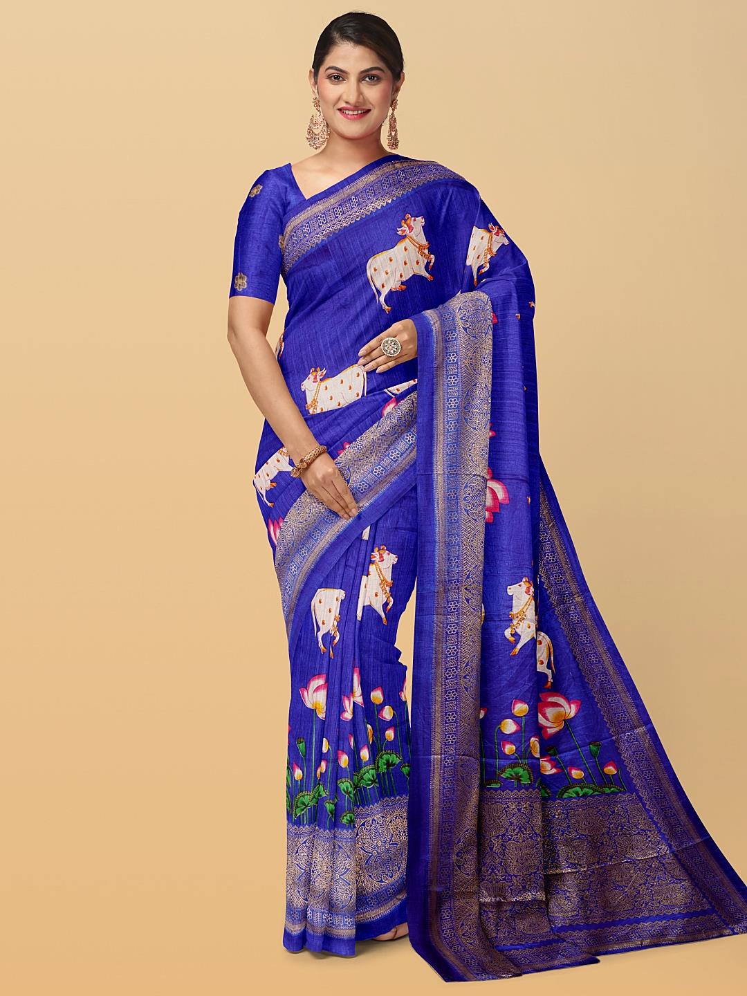 

Kalamandir Ethnic Motifs Printed Zari Silk Blend Saree, Blue