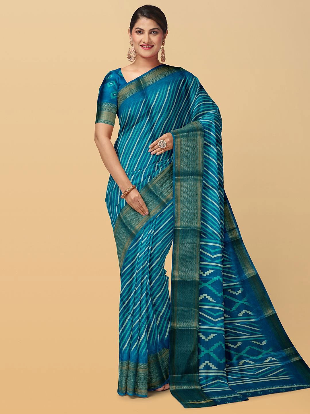 

Kalamandir Leheriya Printed Zari Silk Blend Saree, Blue