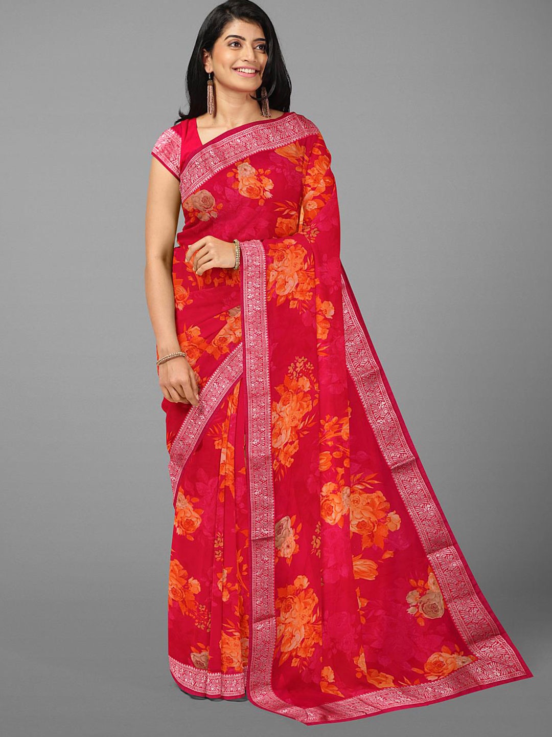 

Kalamandir Floral Printed Zari Silk Blend Saree, Pink