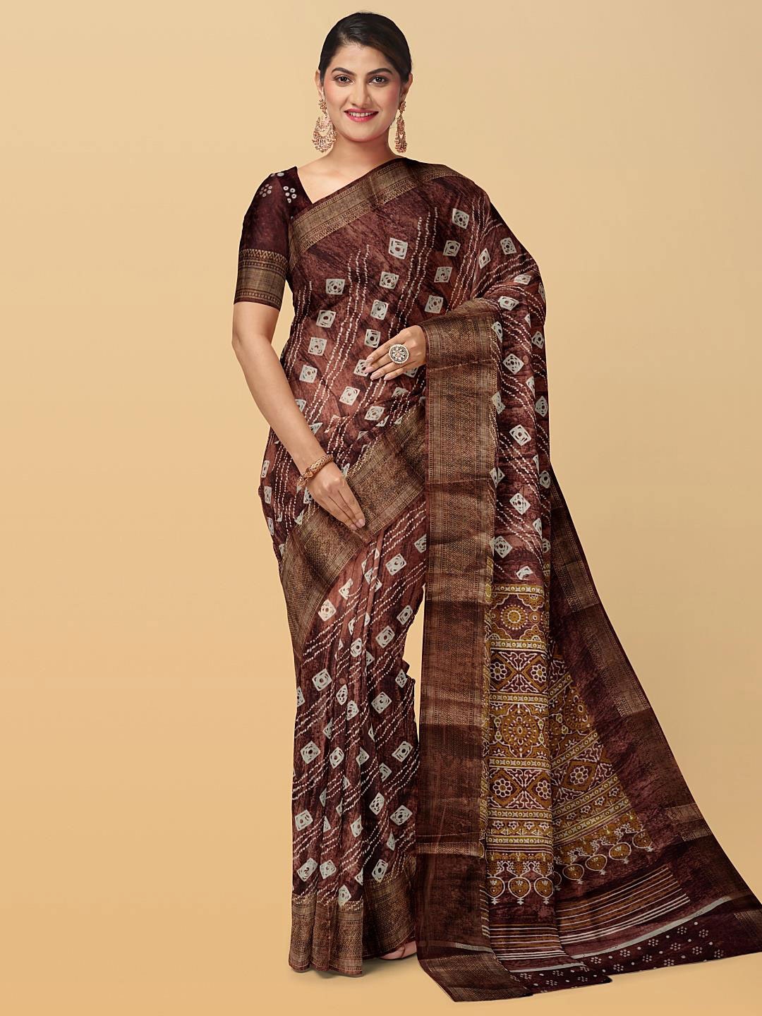 

Kalamandir Geometric Printed Zari Silk Blend Saree, Brown