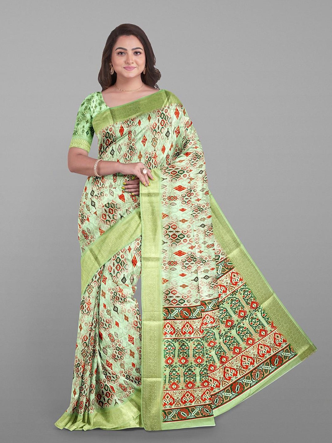 

Kalamandir Geometric Printed Zari Silk Blend Saree, Sea green