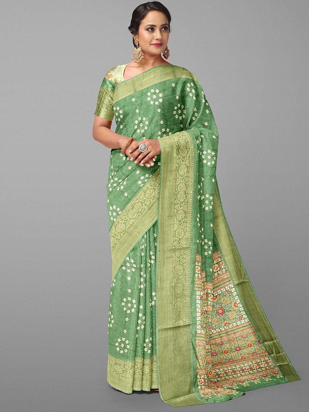 

Kalamandir Bandhani Printed Zari Silk Blend Saree, Green