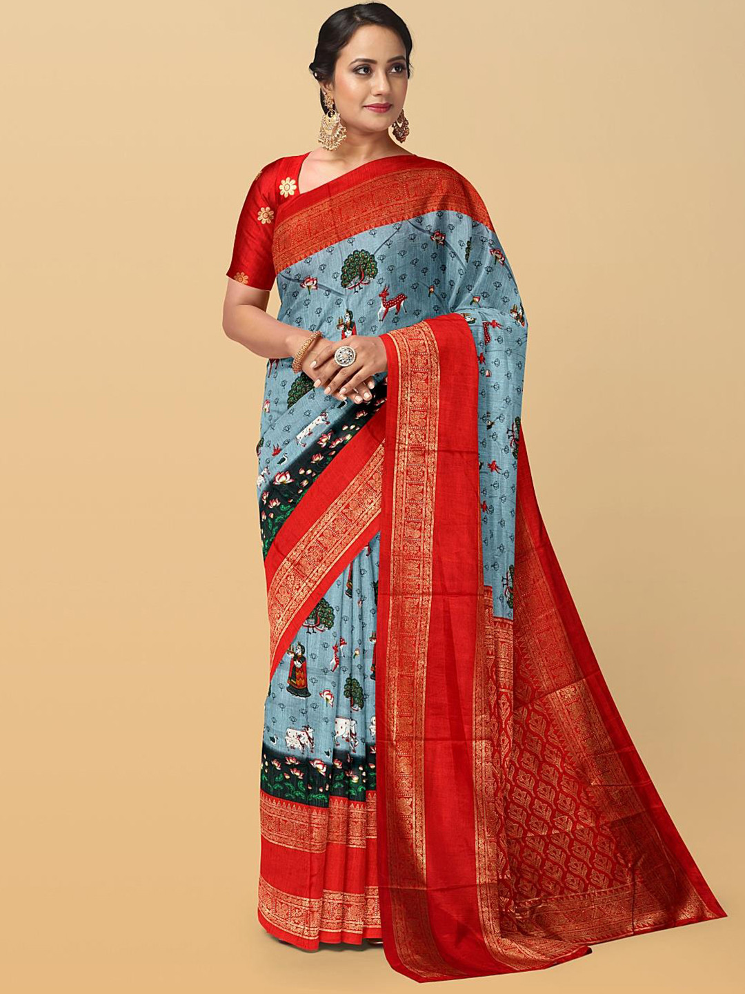

Kalamandir Blue & Red Silk Blend Saree