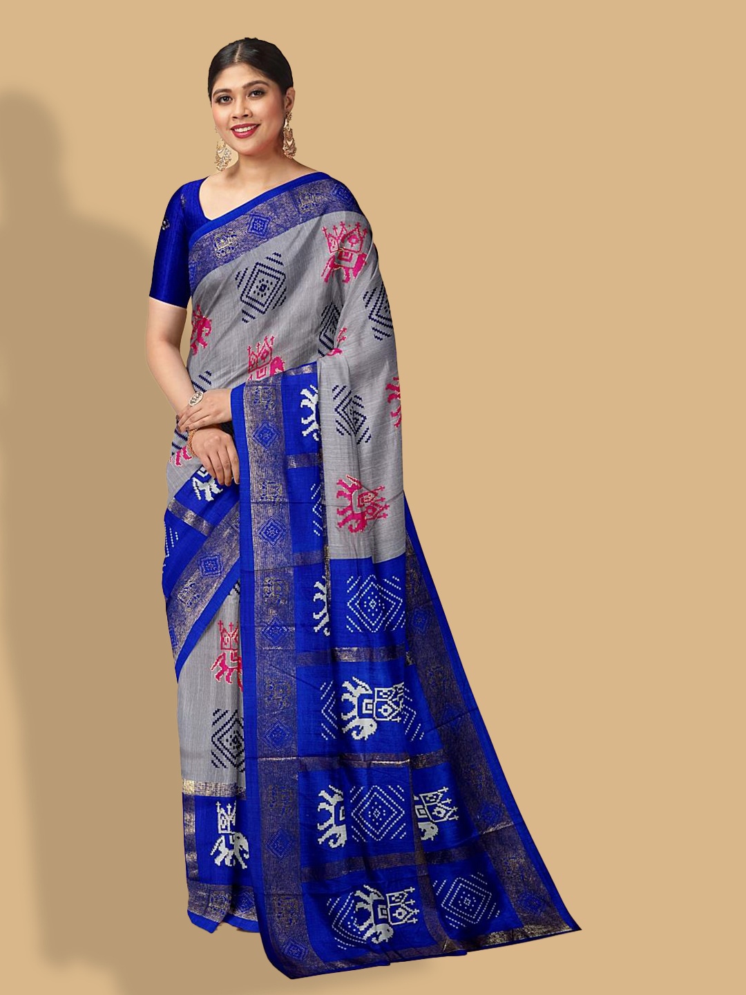 

Kalamandir Grey & Blue Ethnic Motifs Zari Silk Blend Saree