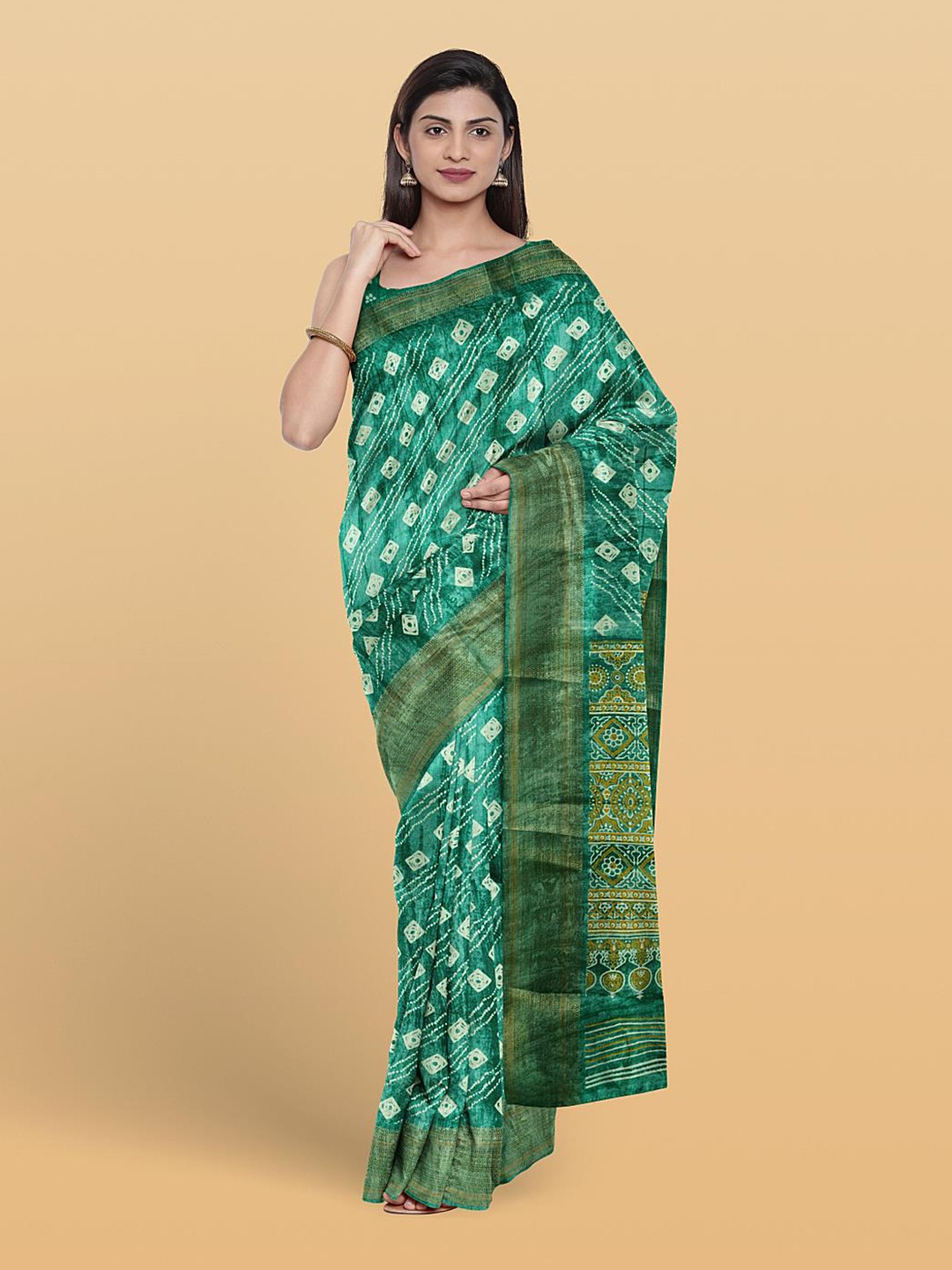 

Kalamandir Bandhani Printed Zari Silk Blend Saree, Sea green