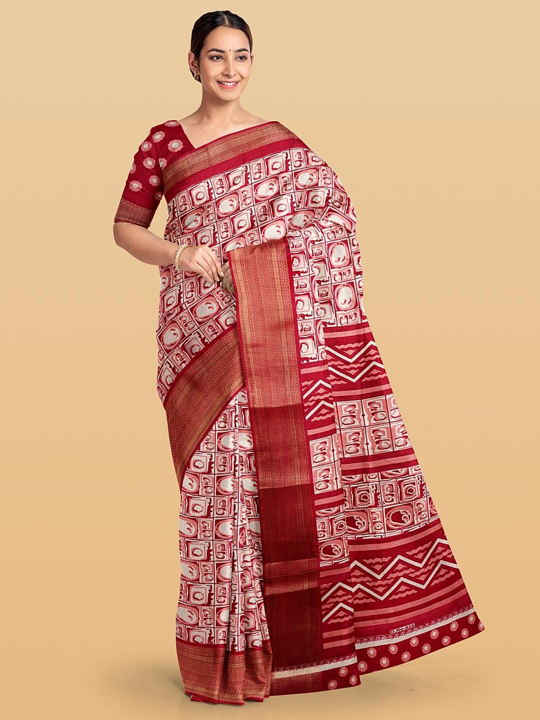 

Kalamandir Abstract Printed Zari Silk Blend Saree, Maroon