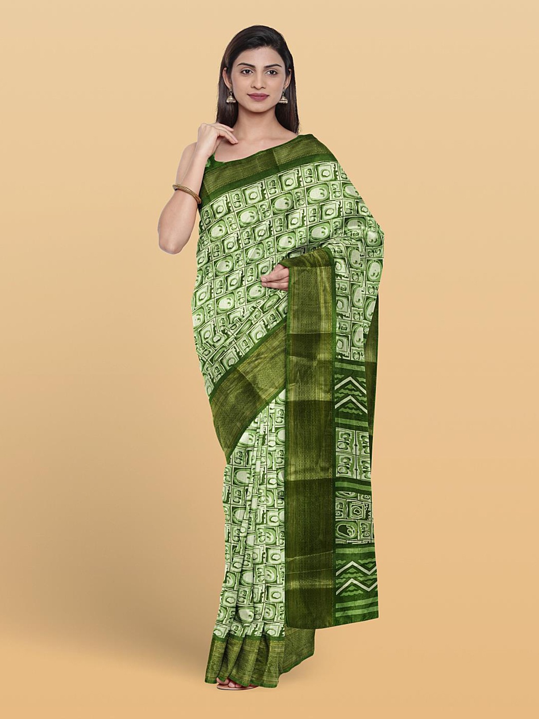 

Kalamandir Abstract Printed Zari Saree, Green
