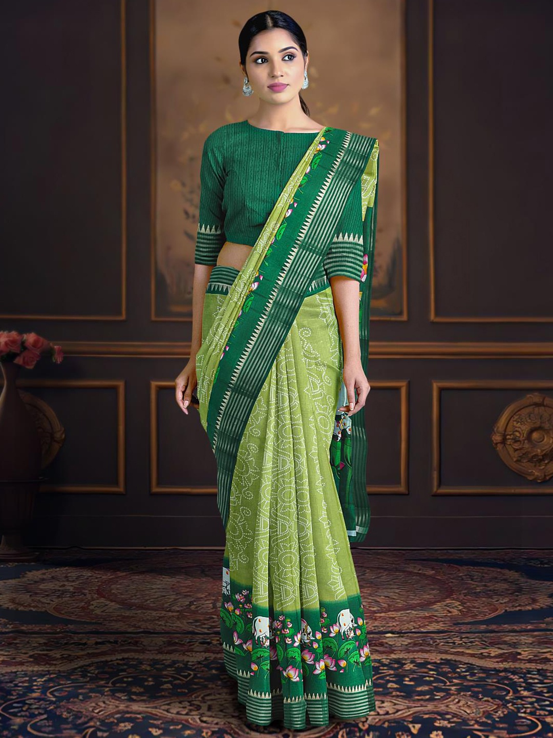 

Kalamandir Bandhani Printed Zari Saree, Olive