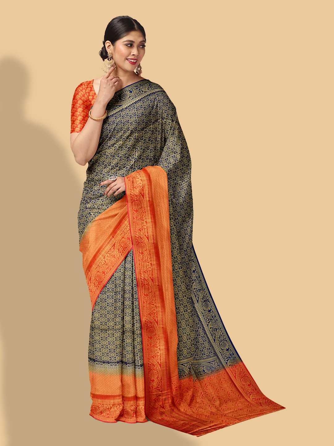 

Kalamandir Floral Printed Zari Silk Blend Saree, Navy blue