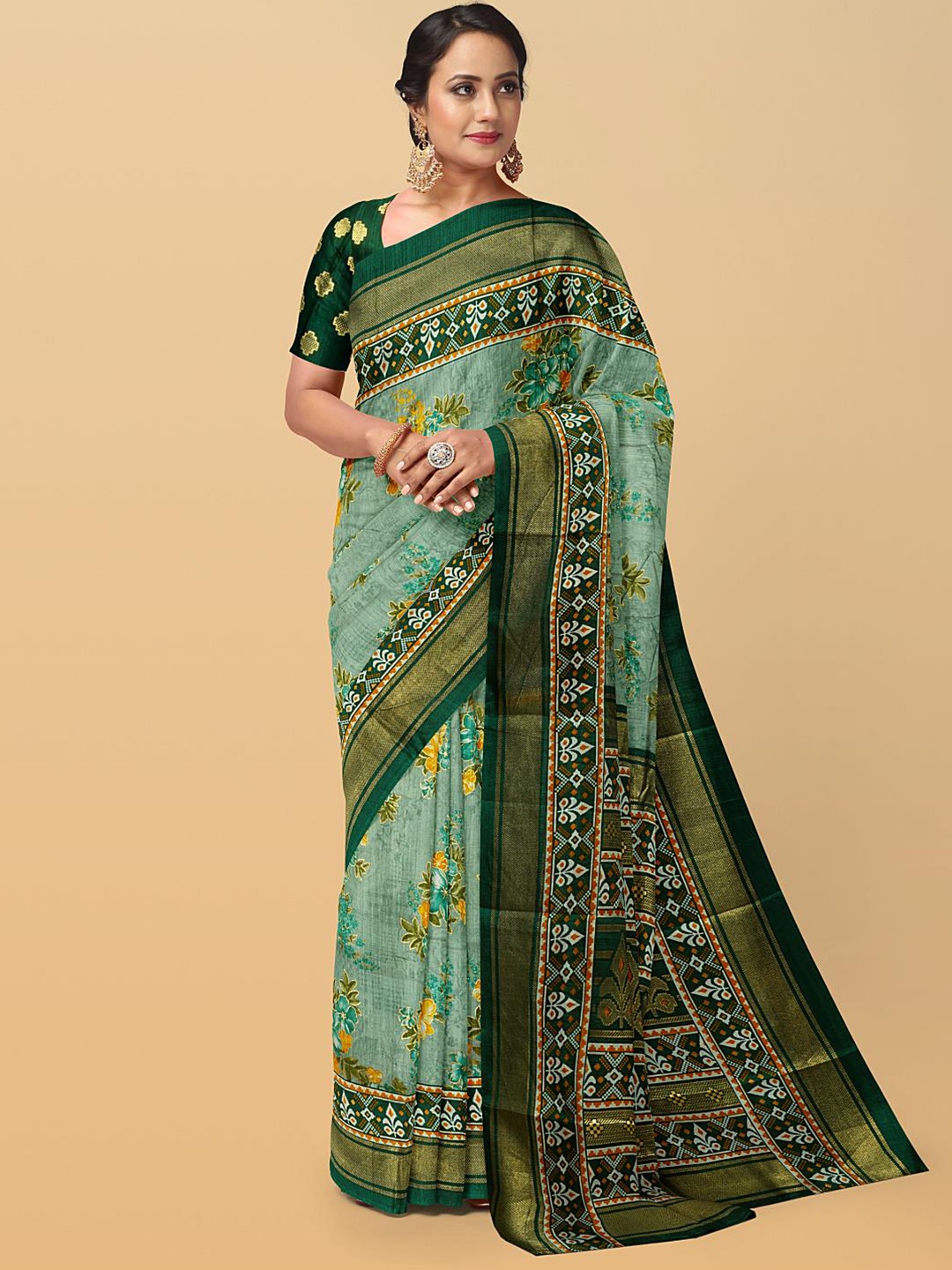 

Kalamandir Floral Printed Zari Saree, Sea green