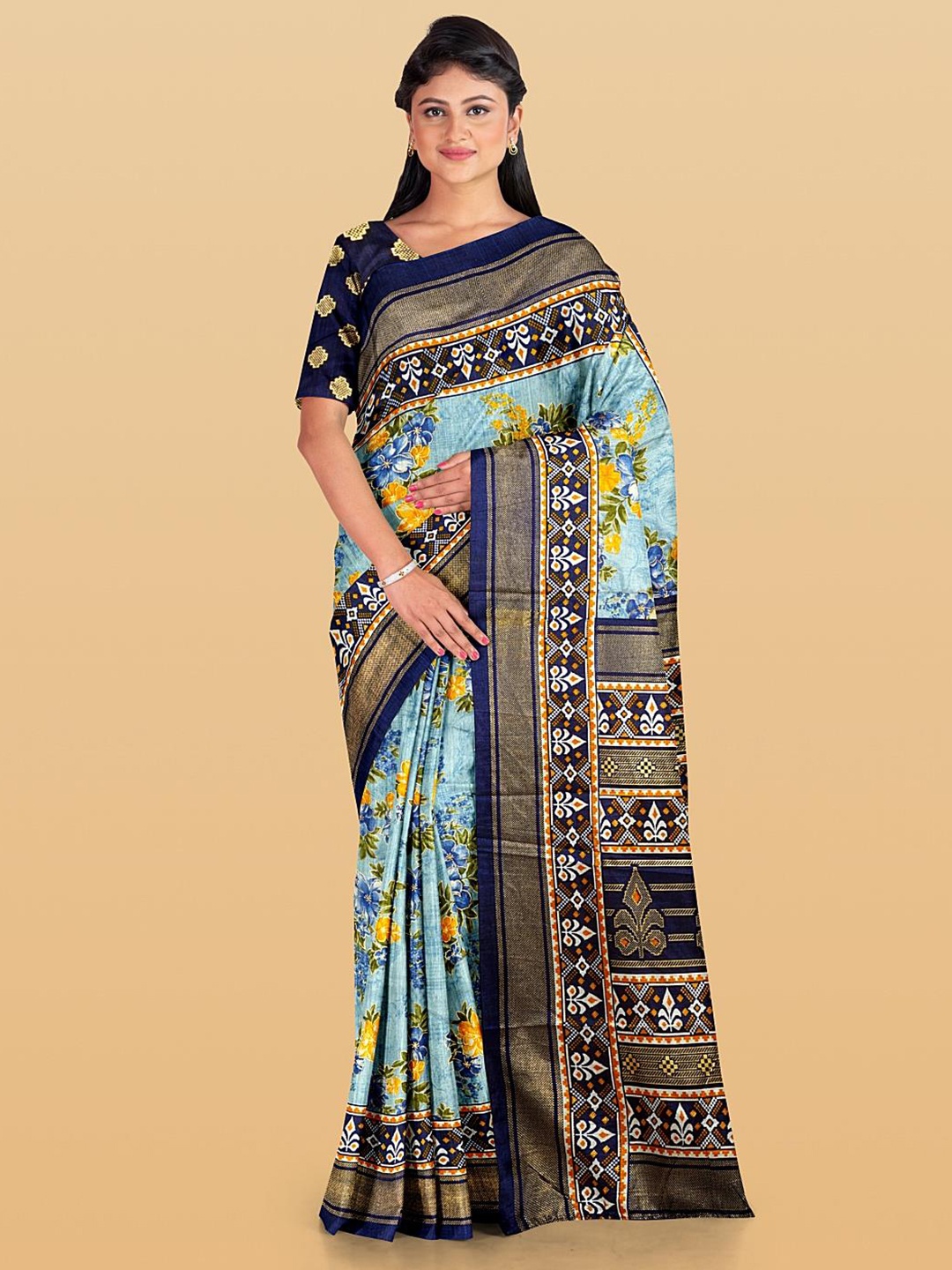 

Kalamandir Floral Printed Zari Saree, Blue