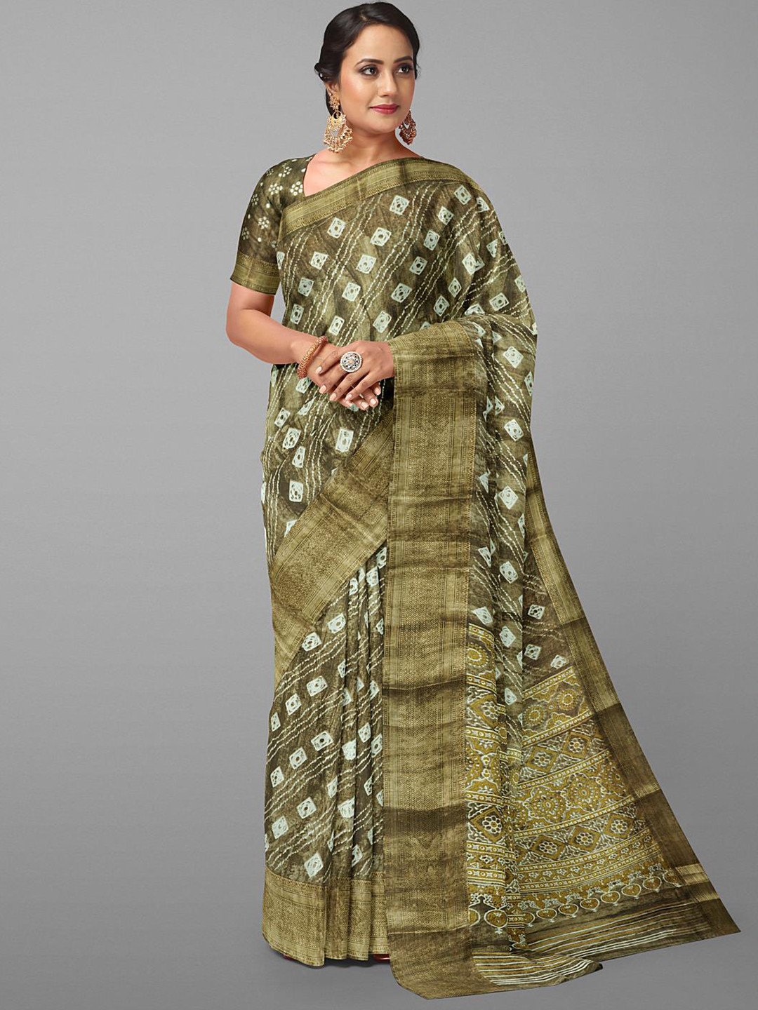 

Kalamandir Bandhani Printed Zari Saree, Brown