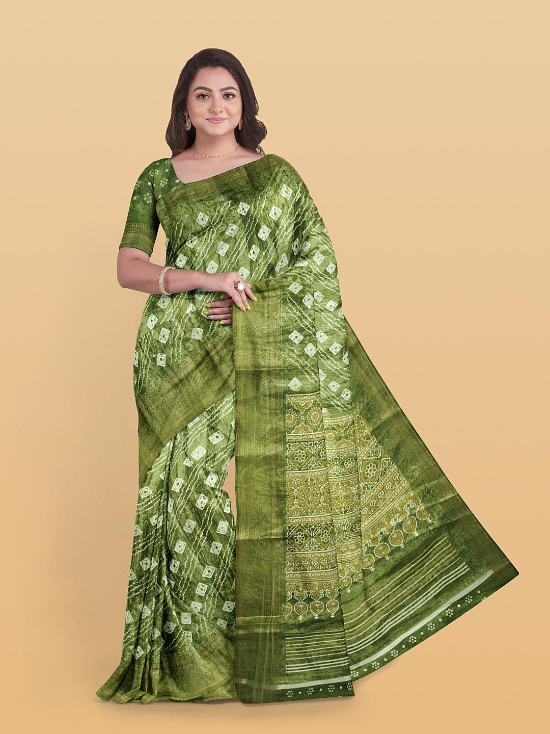 

Kalamandir Batik printed Zari Saree, Green