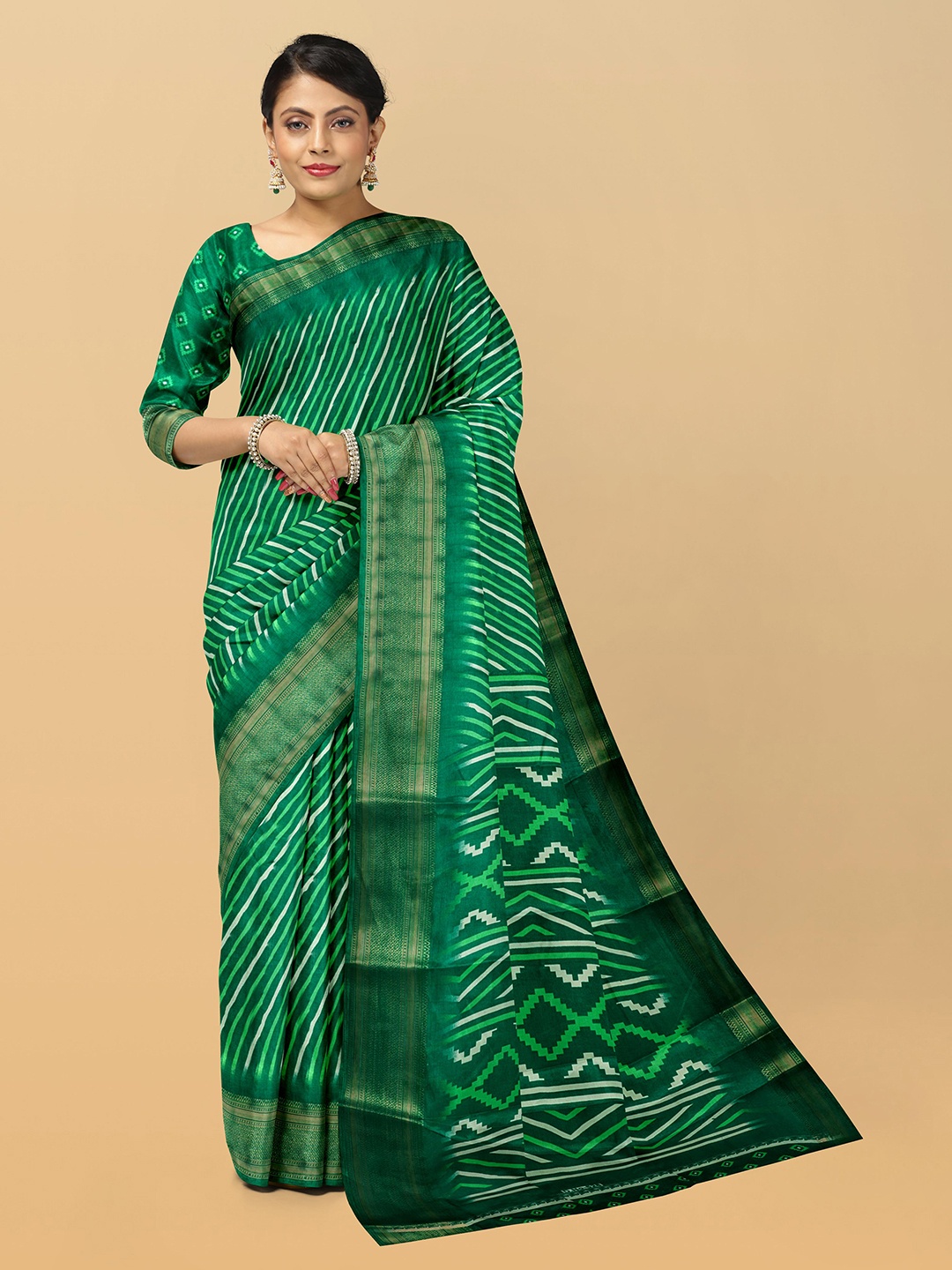 

Kalamandir Leheriya Printed Zari Silk Blend Saree, Green