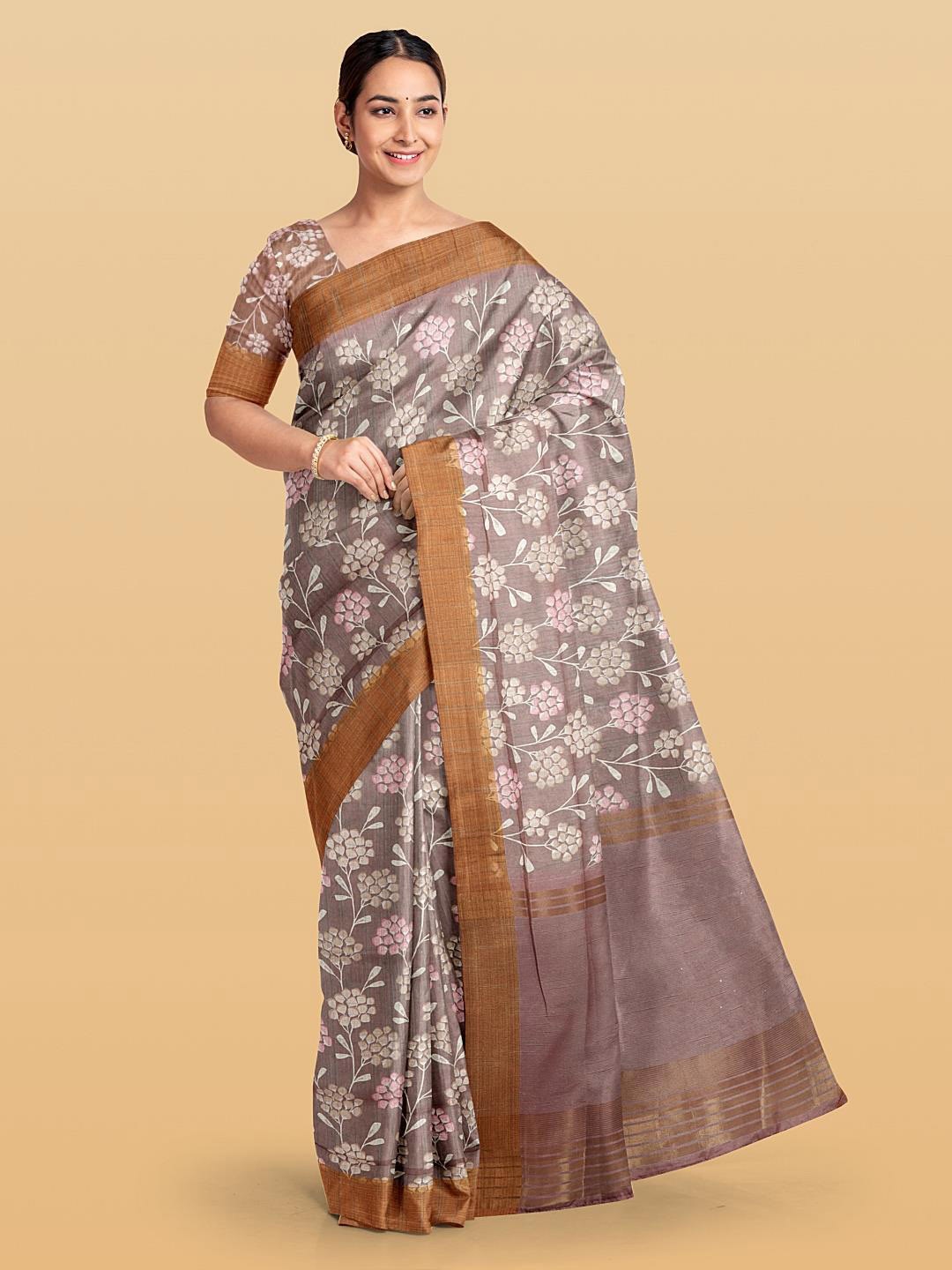 

Kalamandir Floral Printed Zari Silk Blend Saree, Pink