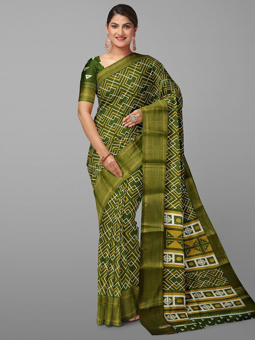 

Kalamandir Geometric Printed Zari Saree, Green