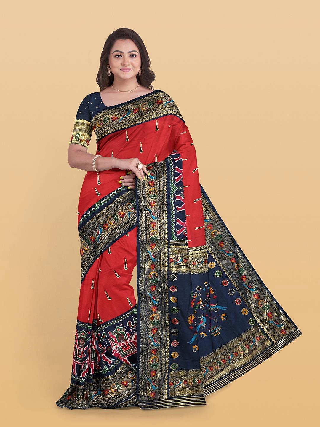 

Kalamandir Ethnic Motifs Printed Zari Silk Blend Saree, Red